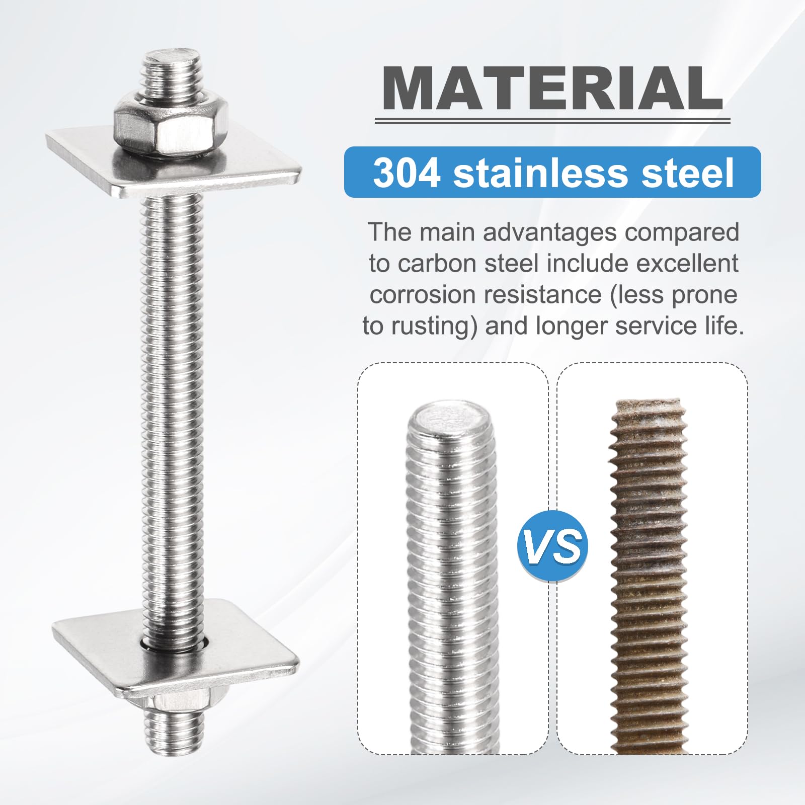 sourcing map 1 lot de tiges entièrement filetées M10 x 500 mm, tiges filetées en acier inoxydable 304, filetage à droite avec écrou rondelle carrée pour ancrage structurel, vis de fixation