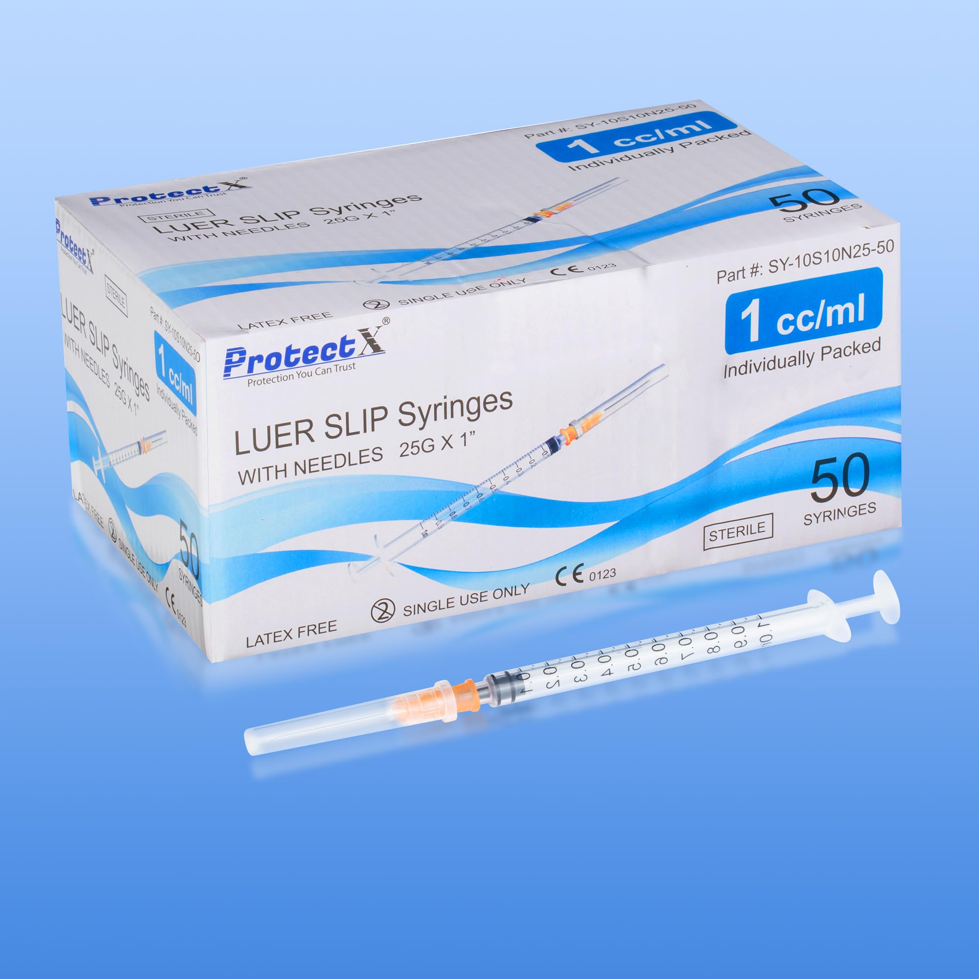 ProtectX 50 sztuk strzykawek 1 ml/cc z igłą 25G, jednorazowa strzykawka Luer Slip do laboratoriów naukowych, przemysłowe dozowanie artykułów dla zwierząt i zwierząt domowych, pakowane pojedynczo