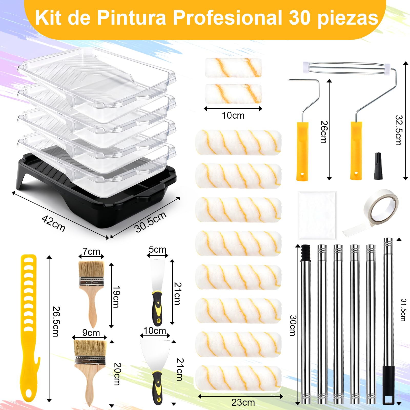 Kit de Pintura Profesional de 30 Piezas – Set de Rodillos para Pintura | con Palanca Telescópica 33-180cm, Bandeja para Pintura con Almohadilla y Accesorios Completos de Pintura