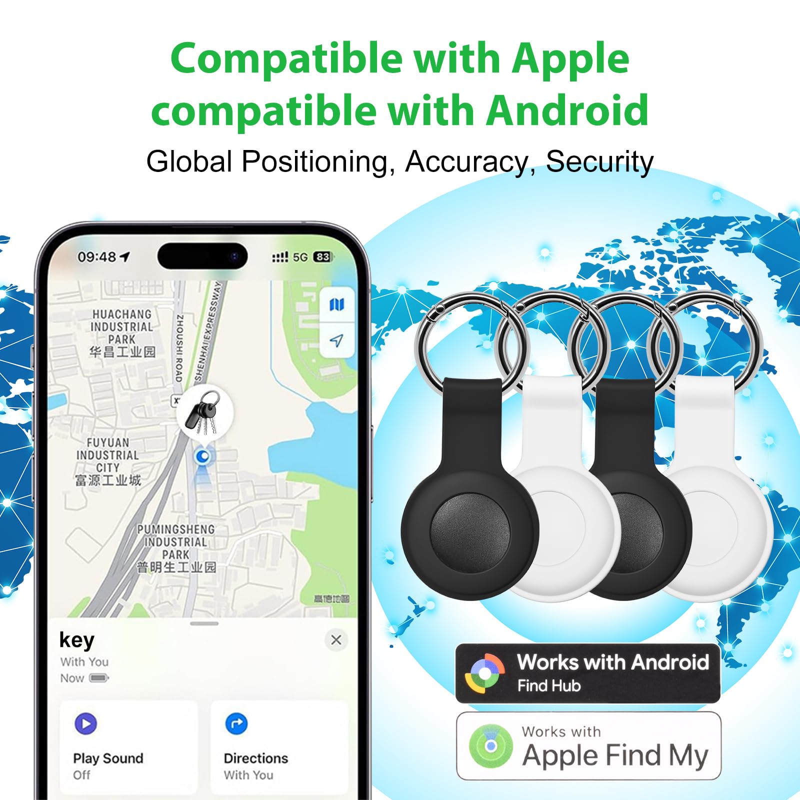 Lot de 4 traqueurs intelligents Bluetooth pour iOS et Android compatibles avec Apple Find My (iOS) et Google Find Hub (Android) pour clés, bagages, portefeuille, véhicules