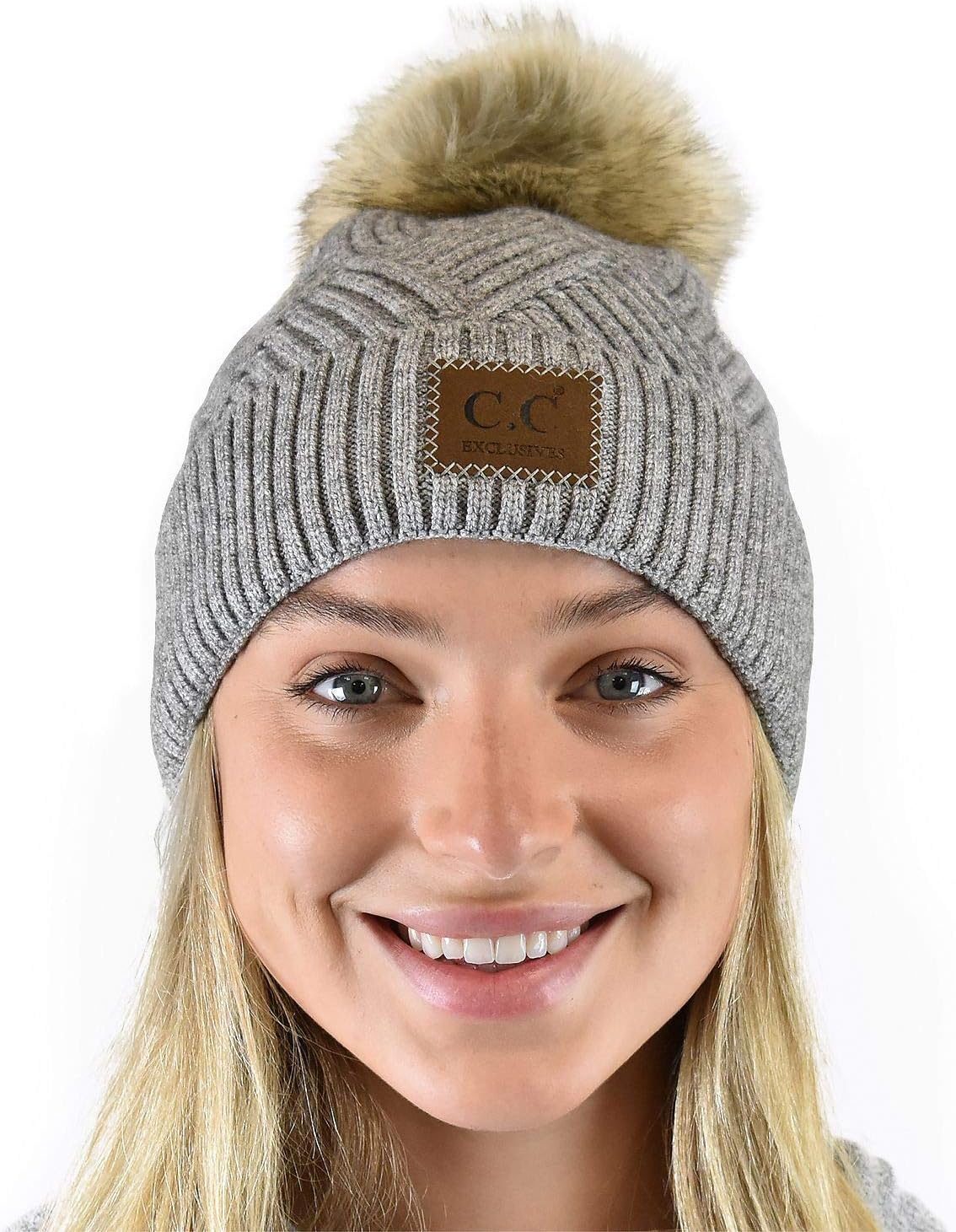C.C Diagonal Criss Cross Pattern Suede Patch Snuggly Soft Pom Cuff Beanie
