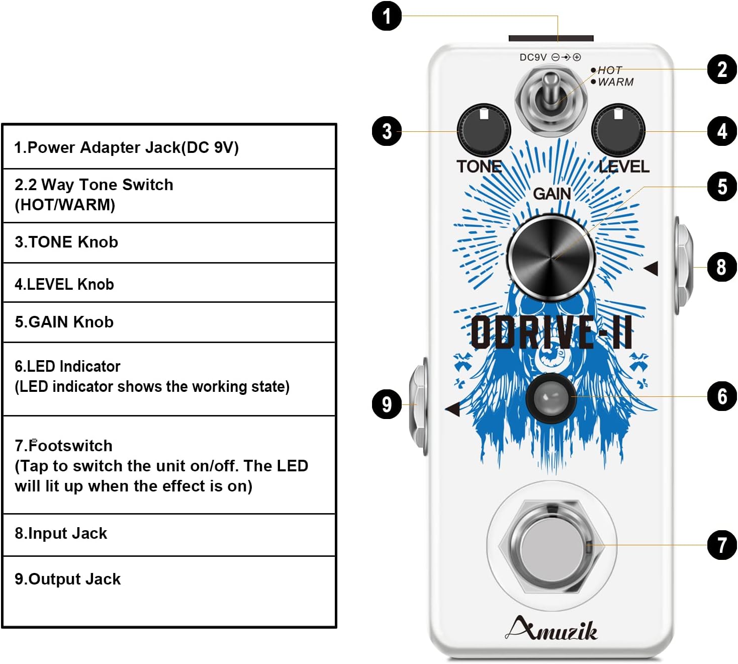 Amuzik Overdrive Guitar Effect Pedal Classic Pedals with Analog