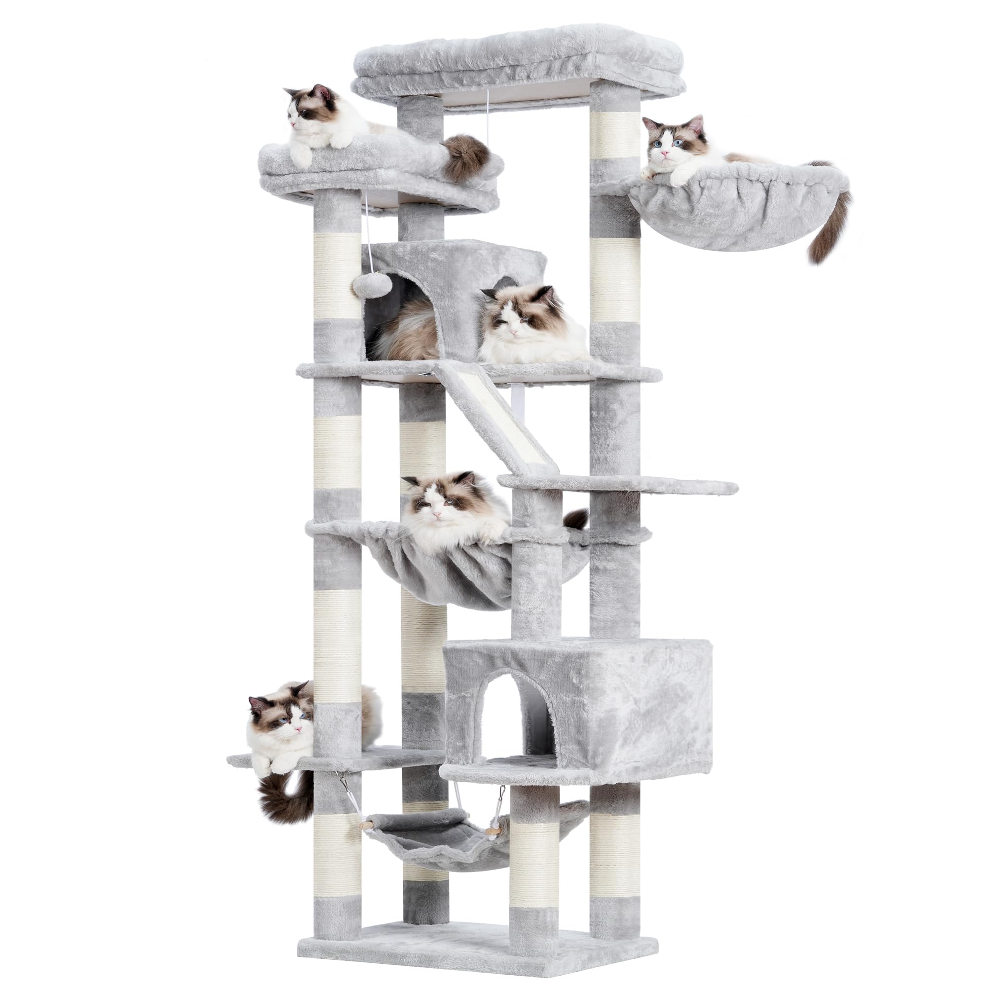 HeyblyCat Tree, 71-Inch-Tall Tower for Indoor Cats with 2 Perches, 2 Big Condos, 2 Hammocks, Basket, Scratching Pad, Large Cat Furniture and Condo, Light Gray HCT034W
