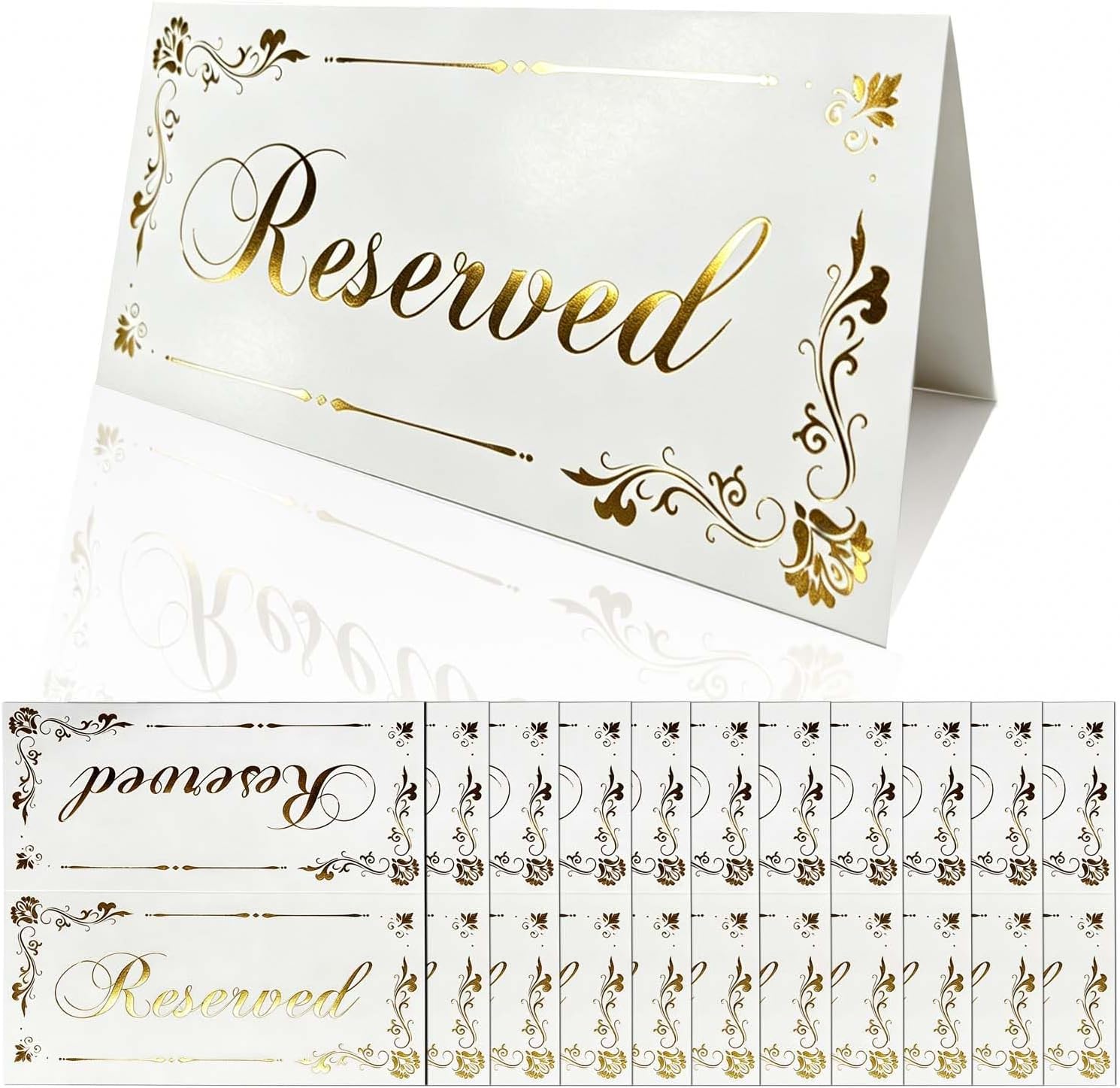 12PCS Reserved Table Signs 7.9x6.3 Inch White Reserved Signs for Wedding with Elegant Double Sided Gold Foil Design for Wedding Meetings Party Restaurant Formal Dinners Bar