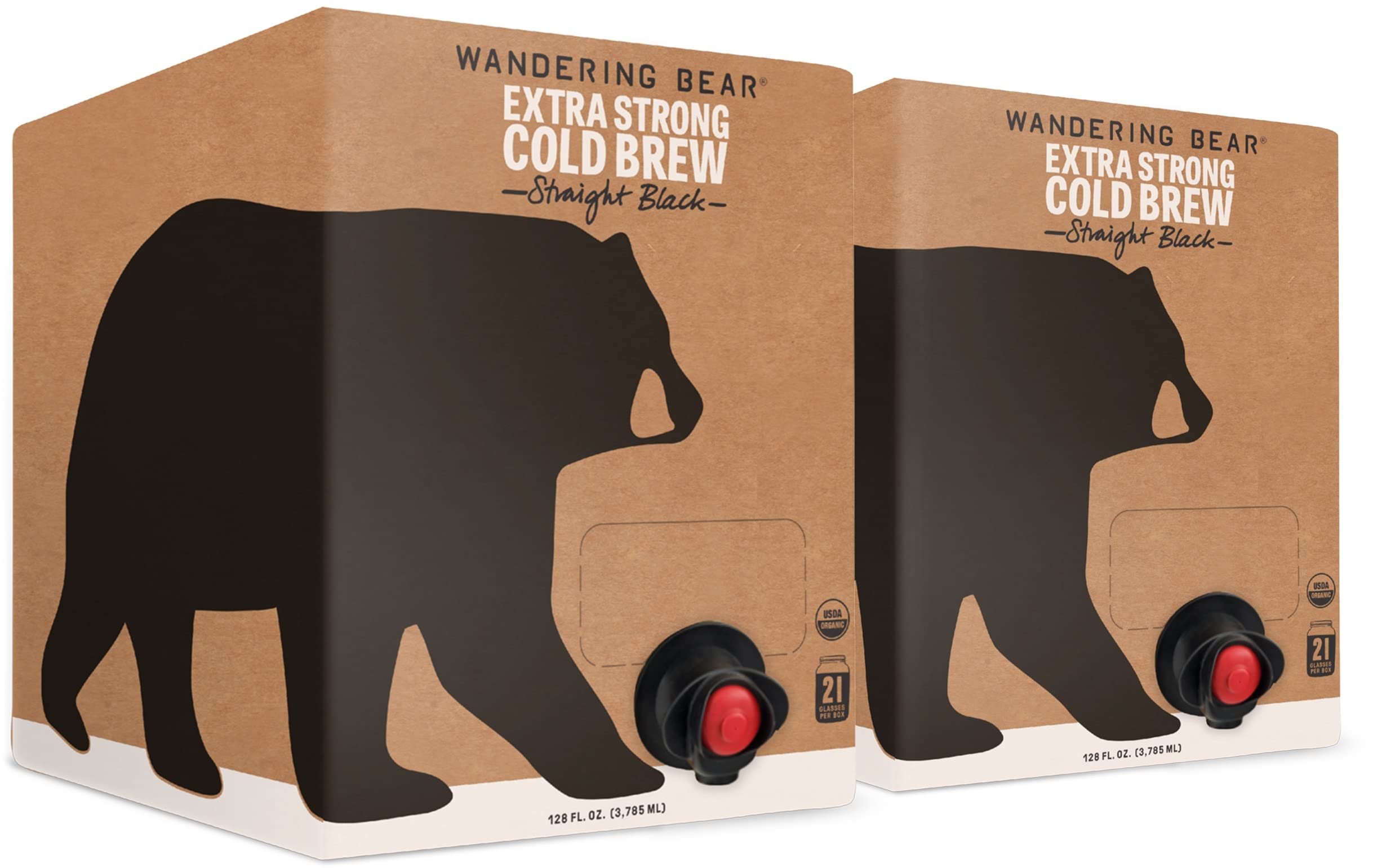 Wandering Bear Extra Strong Organic Cold Brew Coffee On Tap, Straight Black, 128 fl oz (1 gallon) - 2 Pack - Smooth, Unsweetened, Shelf-Stable, and Ready to Drink Cold BrewUSDA Organic