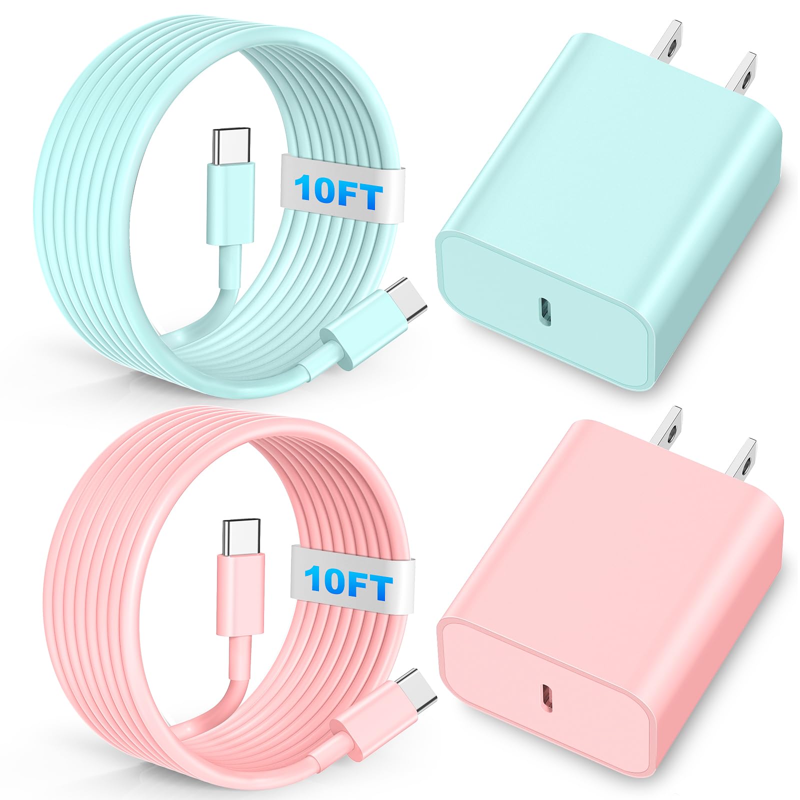 Riofxqin Compatible with i Phone Chager Fast Charging, 2Pack 60W 10FT Long USB C Charging Cable Cord 20W USB C Charger Block, Compatible with i Phone 15/16/Plus/Pro/Pro Max - Pink Green
