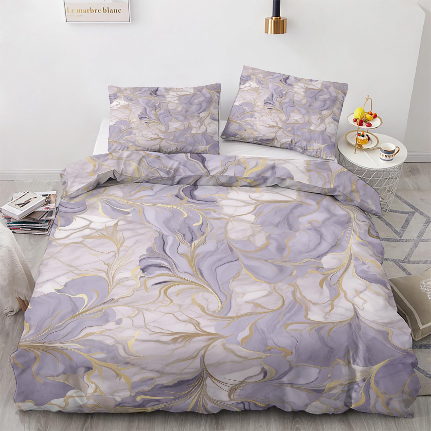 NOGAWA Purple Marble Bedding Double - Abstract Duvet Cover Double, Reversible Quilt Cover & 2 Pillowcases with Zip and Ties, Ultra Soft and Breathable Brushed Microfibre Bed Set