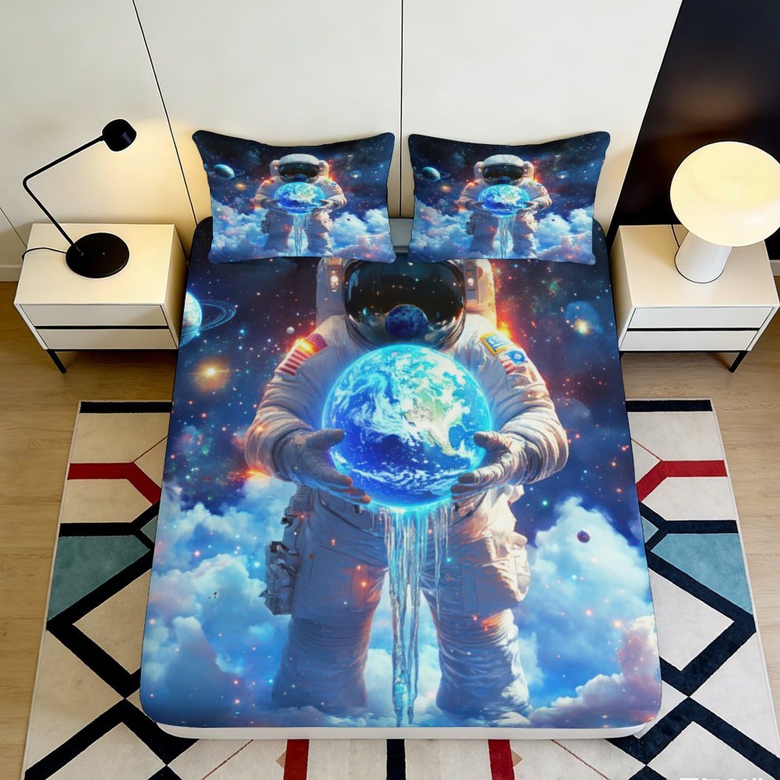 3D Printed Astronaut Space Fitted Sheet Microfiber Deep Pocket Bedroom Bedding Astronaut Mattress Fitted Cover Non-Slip Machine Washable 180x200x25cm