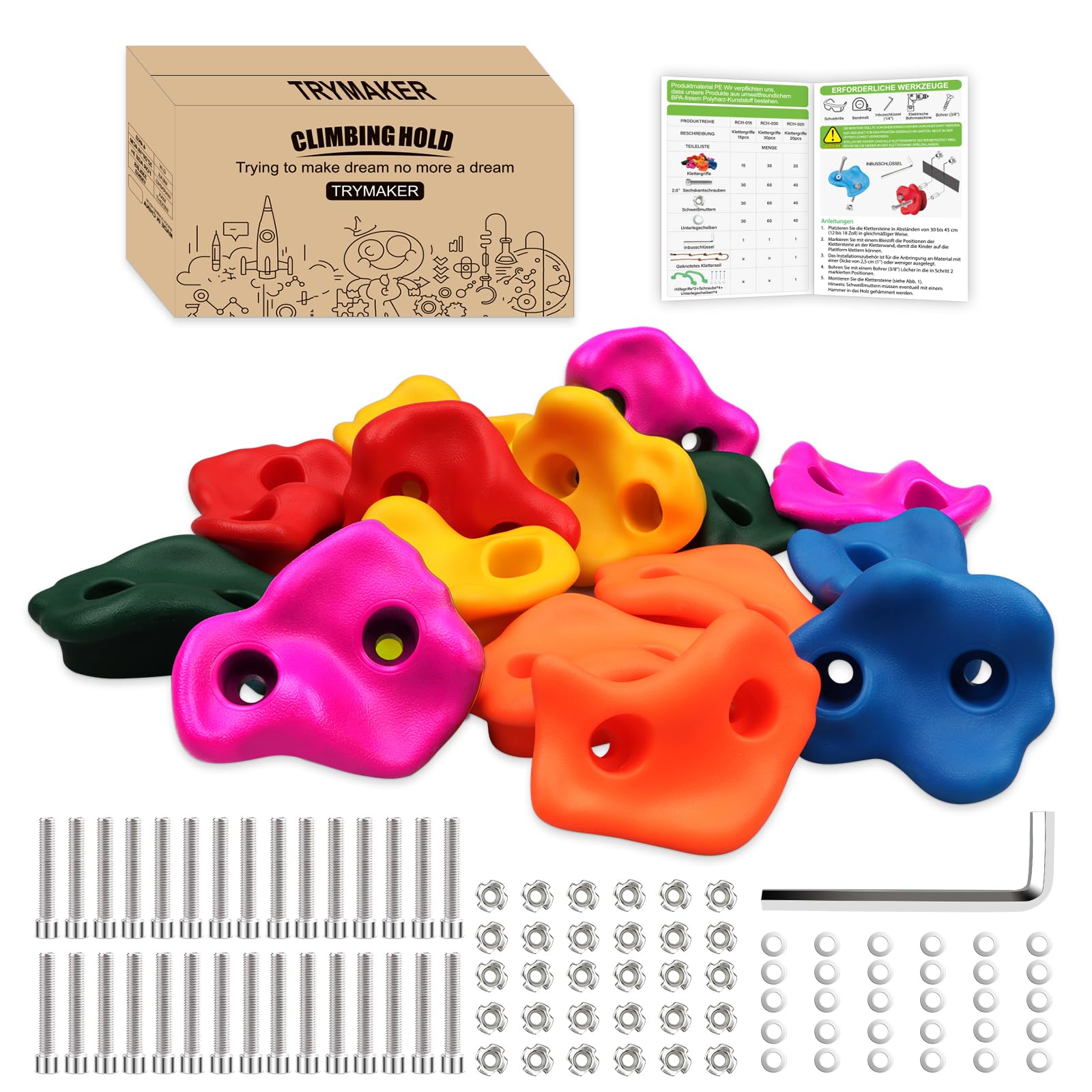 Trymaker Klettergriffe Kinder Outdoor, Kinder Klettersteine für Kletterwand, 15 Stück Kletterwandgriffe Set (Große Größe)