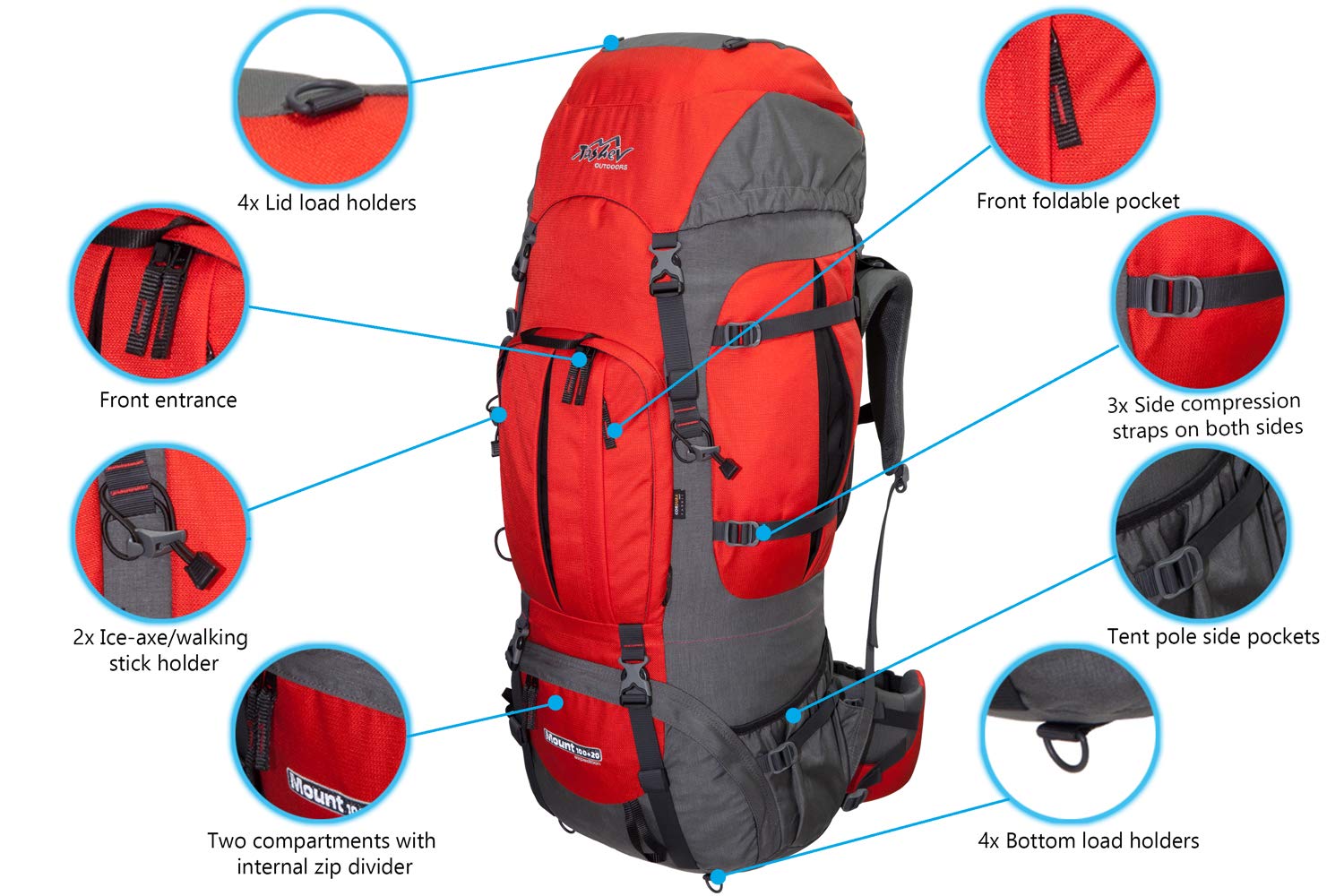 Sac à Dos de Trekking 100-120L avec Housse de Pluie pour Randonnée Femme Homme