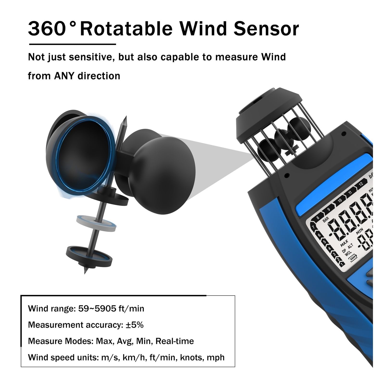 Anemómetro Digital inteligente 8806-WM-APP, medidor de velocidad del viento 0,3~42 m/s, volumen aire promedio HVAC, altitud CFM, barométrico