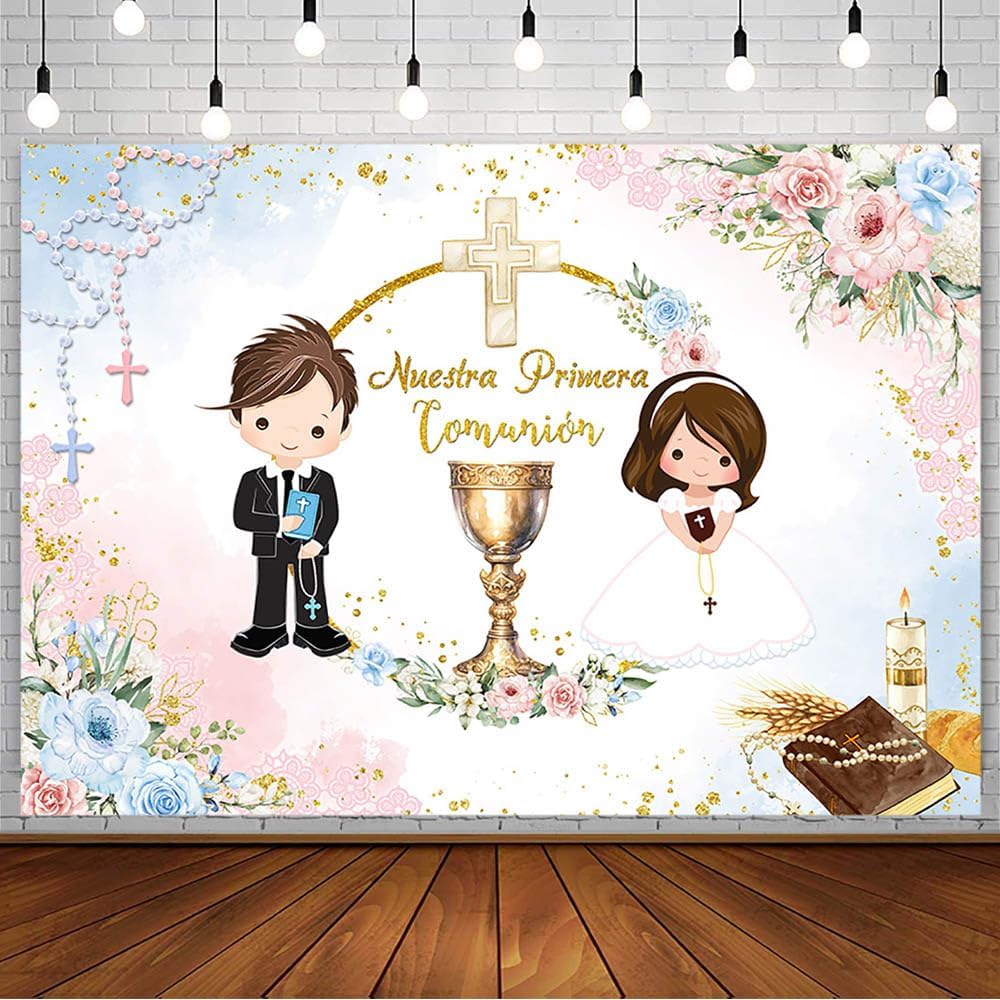AIBIIN 10x7ft Mi Primera Comunion Backdrop for Twins Nuestra Primera Comunión God Bless Baptism Party Decoration Christening Ceremony Mi Bautizo