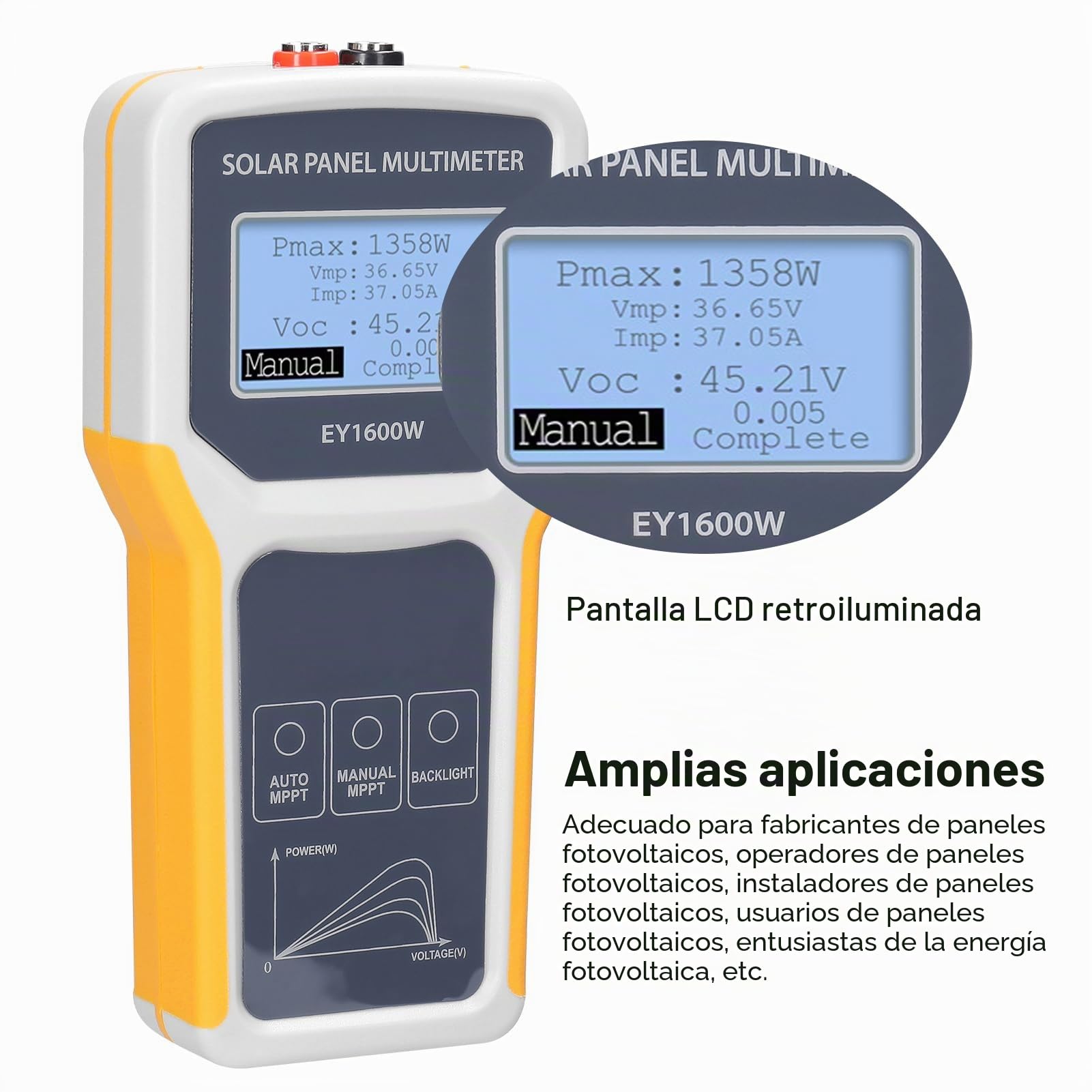 Multímetro de panel solar, probador MPPT de panel solar de 1600 W, probador de voltaje de circuito abierto, voltaje de punto de potencia de masa, medidor de prueba de potencia actual con LED