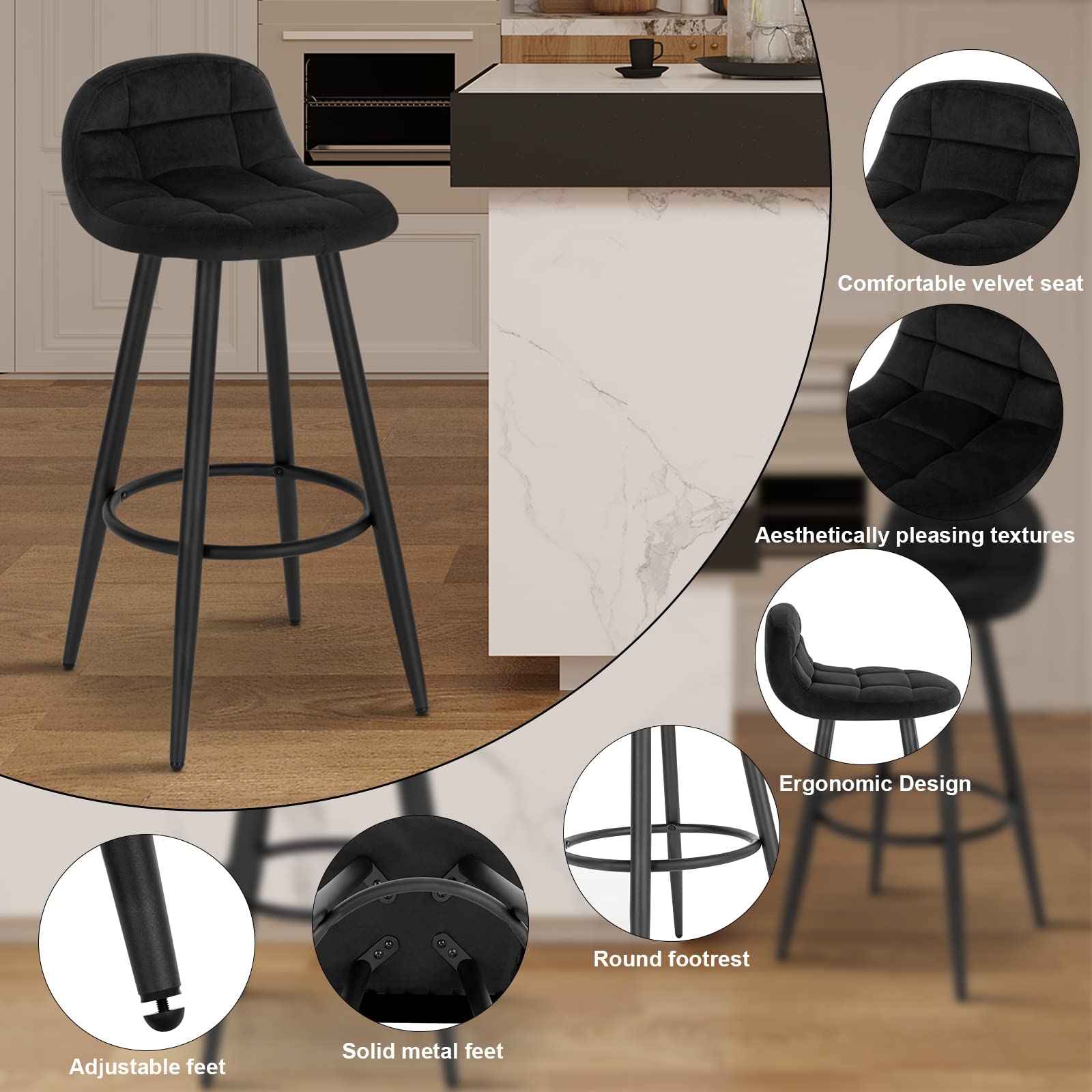 WOLTU Juego de 2 Taburetes Altos de Cocina con Respaldo y Reposapiés, Asiento Tapizado en Terciopelo, Patas Metálicas, Altura de Asiento 70 cm, Negro