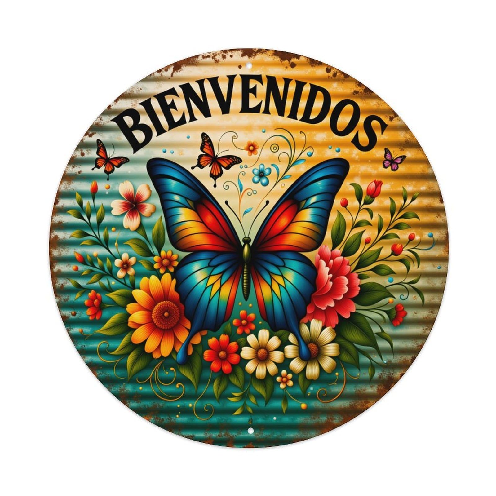 Butterfly Floral Welcome Sign Art Round Tin Sign Vintage Style Metal Sign Home Bar Garden Wall Plaque Decor Metal Poster 8x8 Inch