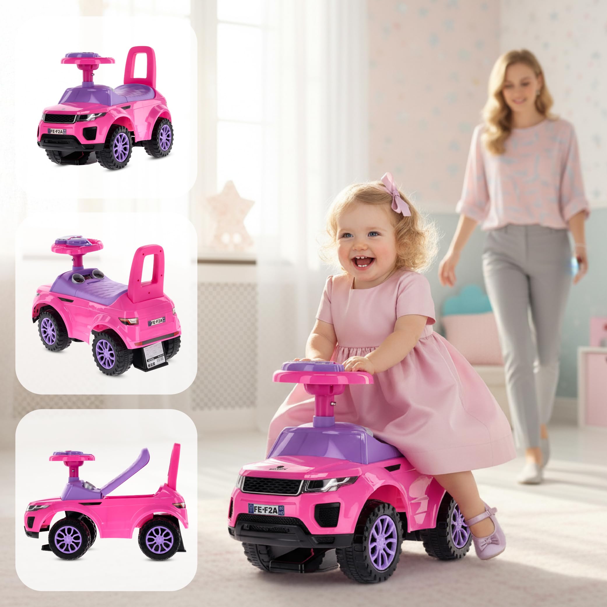 Rutschauto ab 1 Jahr, Kinderauto ab 12 Monaten, Baby Auto, Lauflernhilfe mit Hupe und Motorengeräuschen (Rosa)