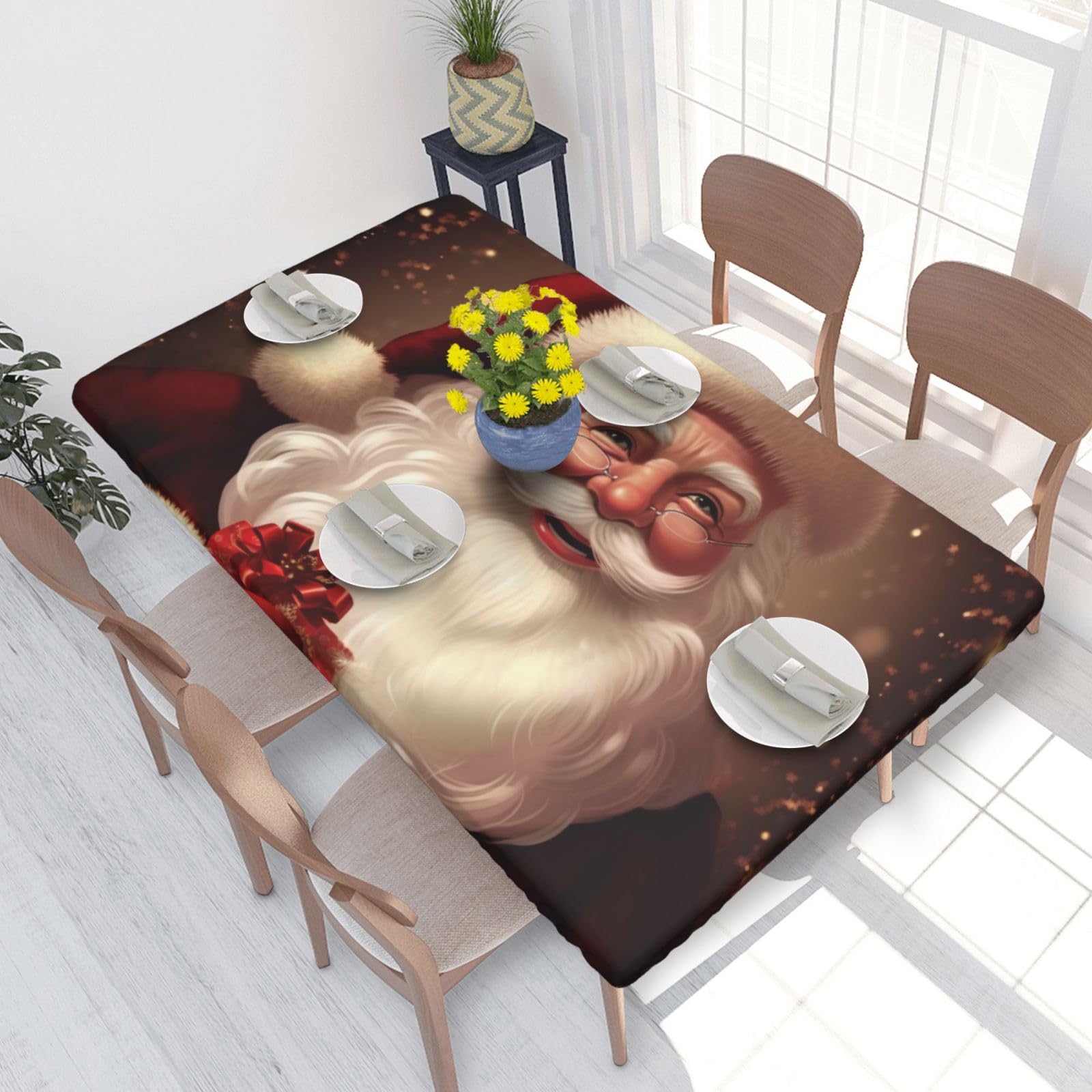 DCARSETCV Merry Christmas Santa Claus Printed 4FT Waterproof Tablecloth with Elastic Edged Protect & Decor Your Table, Oil-proof Washable Table Cloth Cover for Dinner Picnic Party