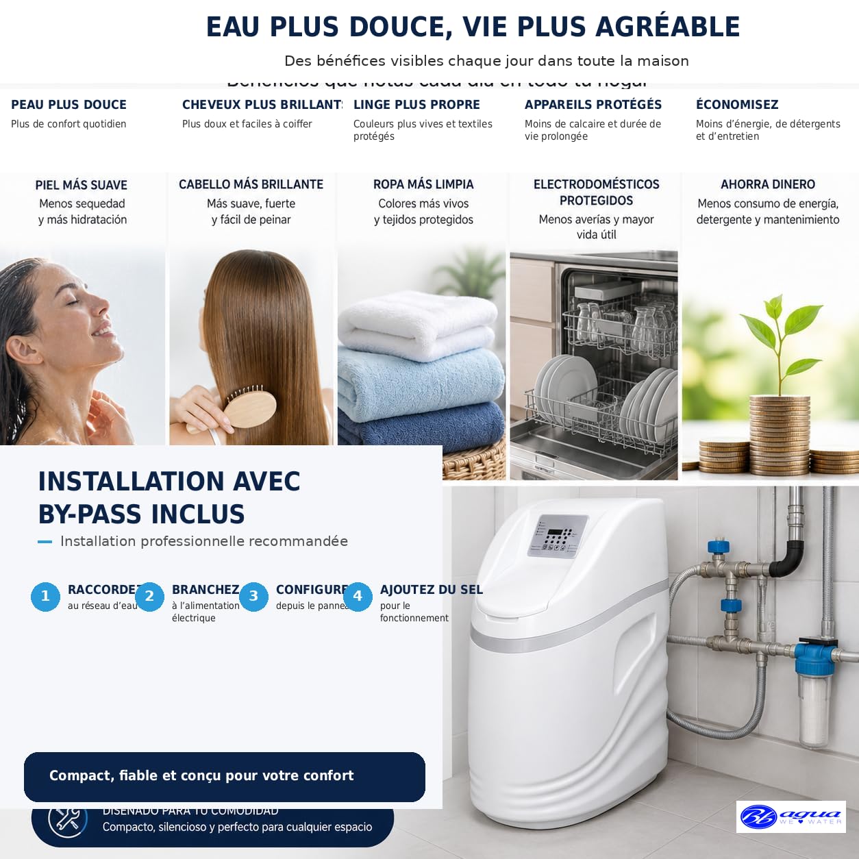 Bbagua, Adoucisseur d'eau domestique Ceramic Pilot 2.0. Idéal pour les maisons avec jusqu'à 2 salles de bains et 5 personnes. Adoucit l'eau de toute la maison. Bbagua.