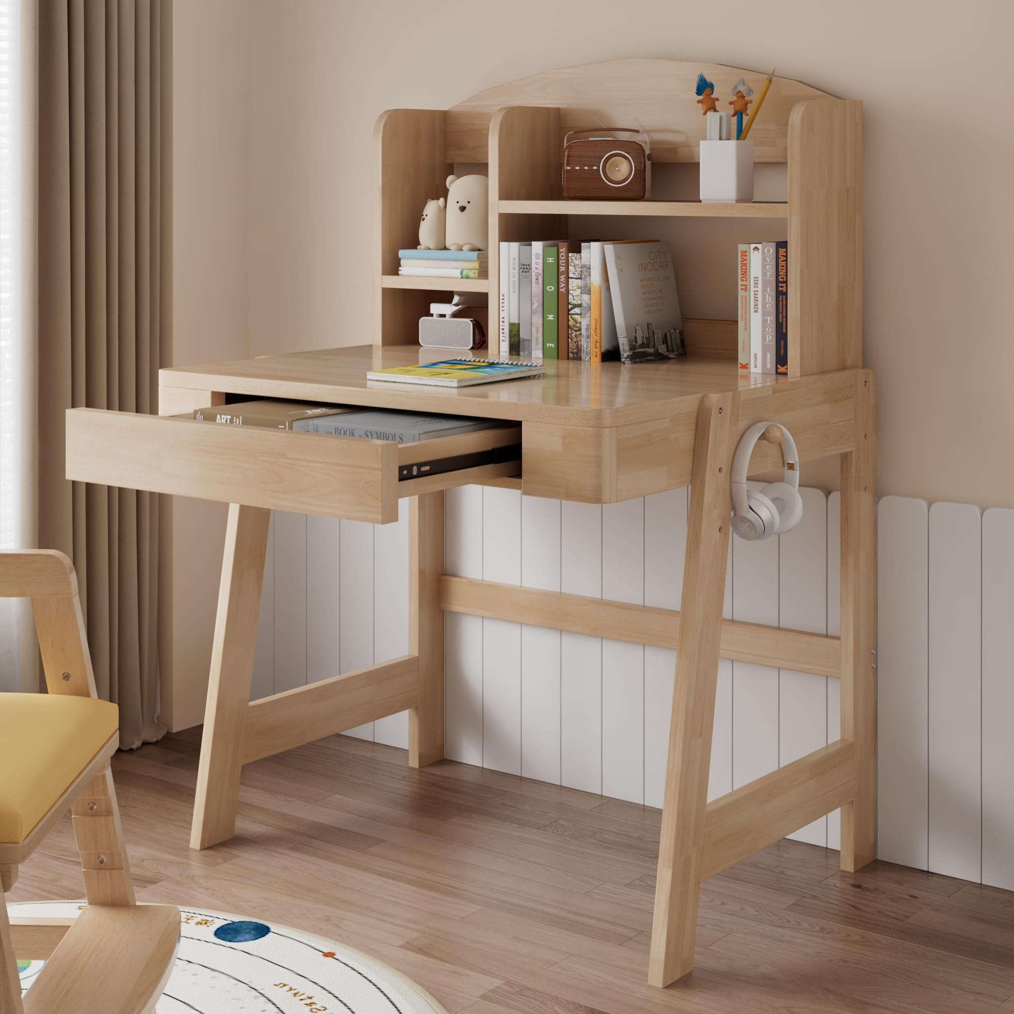 Mesa infantil de madera maciza con espacio de almacenamiento, a partir de 6 años