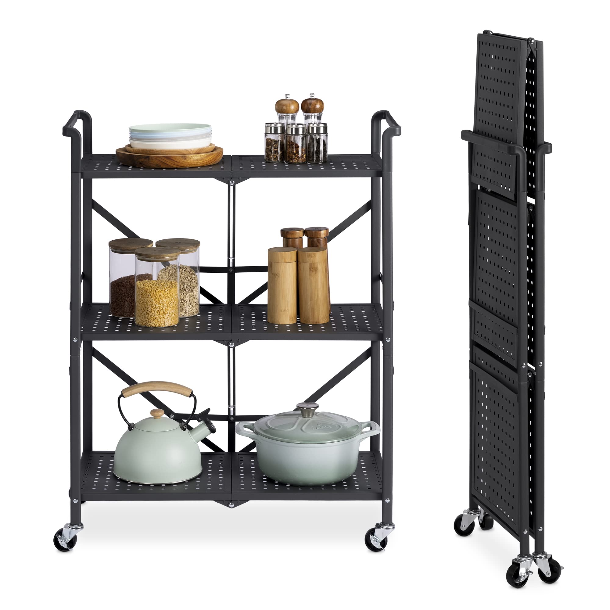 Navaris Carrello Pieghevole a 3 Ripiani - Carrellino Cucina Portavivande Oggetti - Portatutto Salvaspazio Casa Ufficio Giardino - in Metallo con Ruote