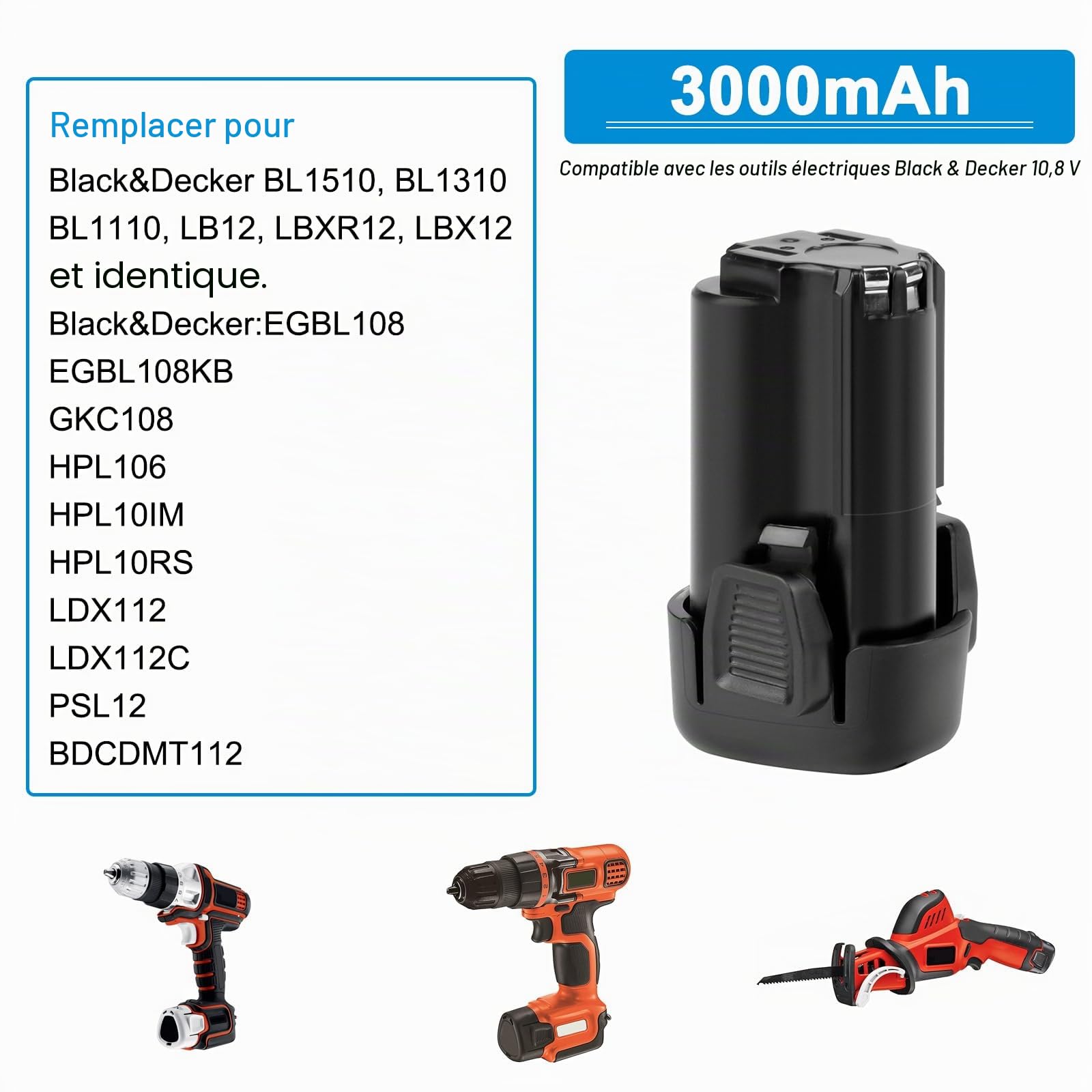 2 Pièces 10.8V 3000mAh Li-ION Batteries pour Black & Decker BL1510 BL1110
