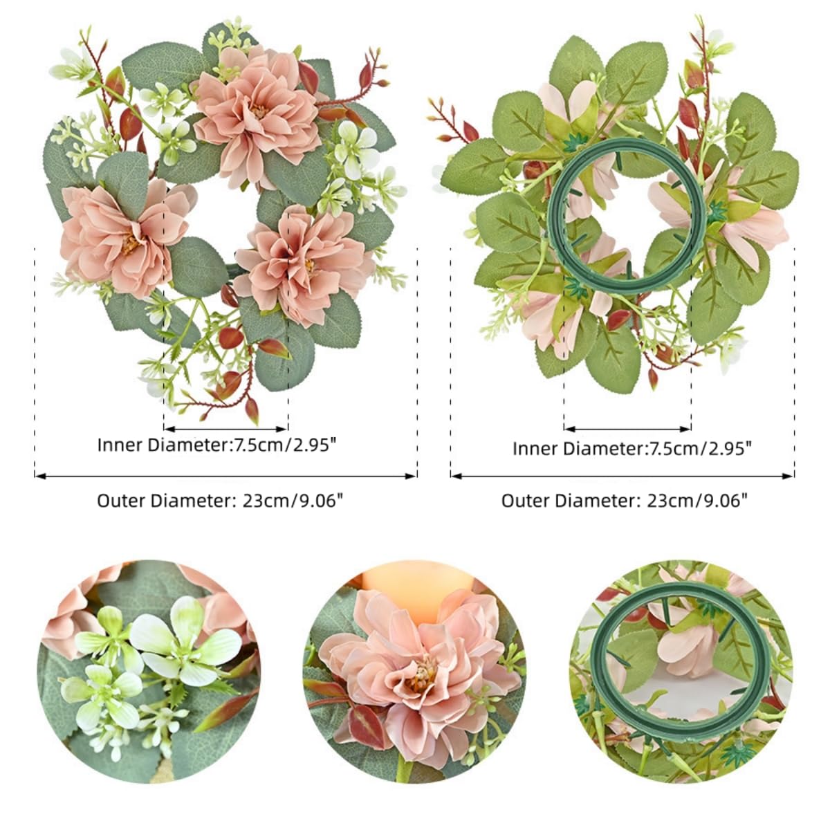 Floral Candle Rings Wreaths Christmas Candle Holder Rings Faux Twigs Wreath Mini Window Mirror Wreaths Flower Candle Garland for Christmas Table Decoration (Pink)