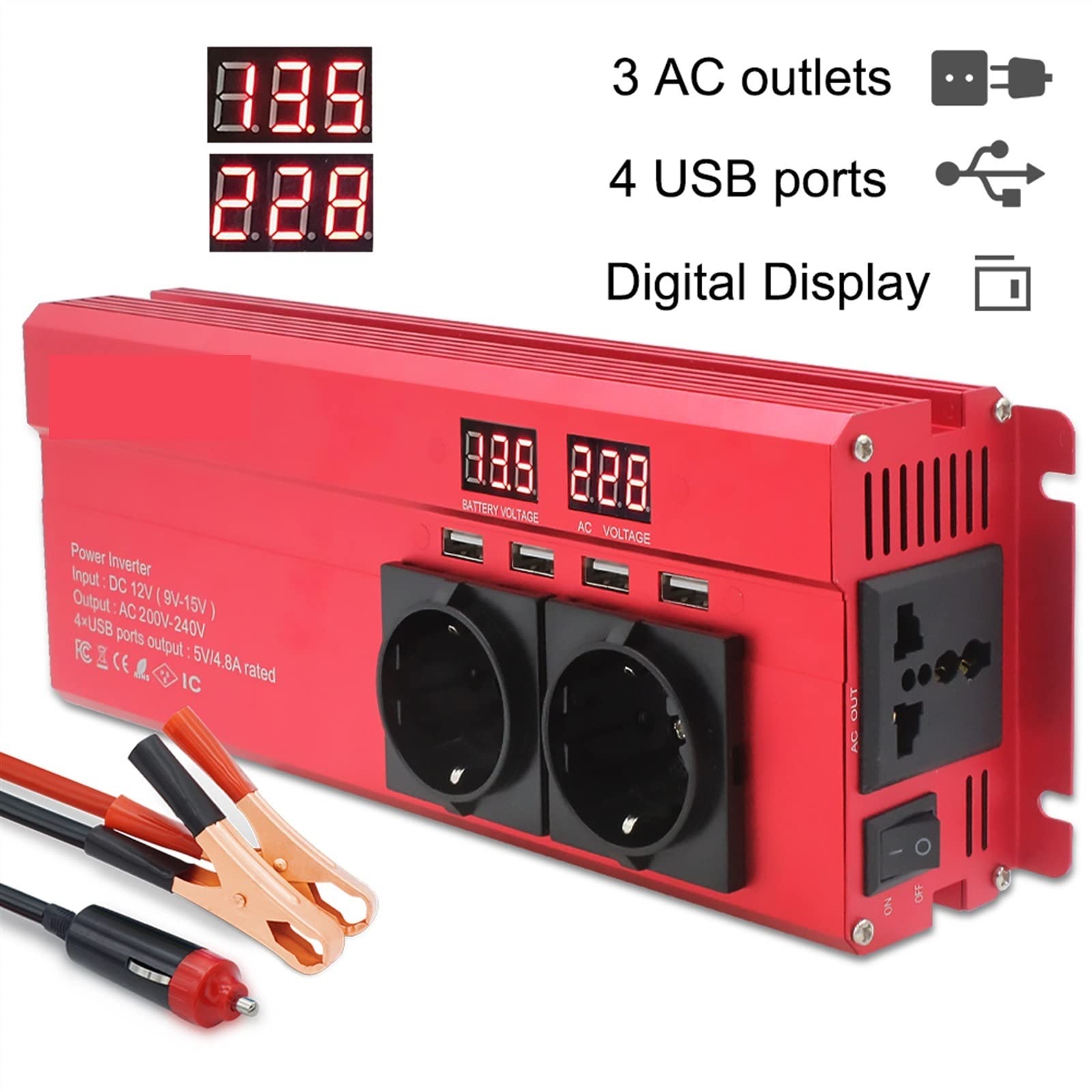 Falownik, Przetwornica samochodowa 2600W Zasilanie DC 12V/24V do AC 220 Wyświetlacz LED i konwerter 4USB Ładowarka Transformator