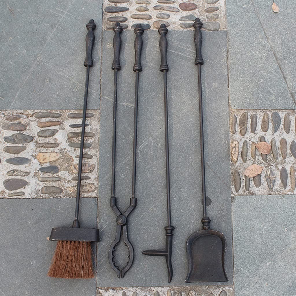 Set di attrezzi per camino, set di attrezzi per camino in ottone anticato con pinze per focolare, pala, spazzola, attizzatoio, 5 pezzi, grande set per camino per stufa da interno/esterno e braciere,