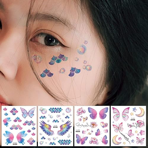 Miniatura 8 de Tatuaje temporal para la cara, tatuajes metálicos de pecas con purpurina, mariposas falsas para festivales, maquillaje, accesorios para rave,
