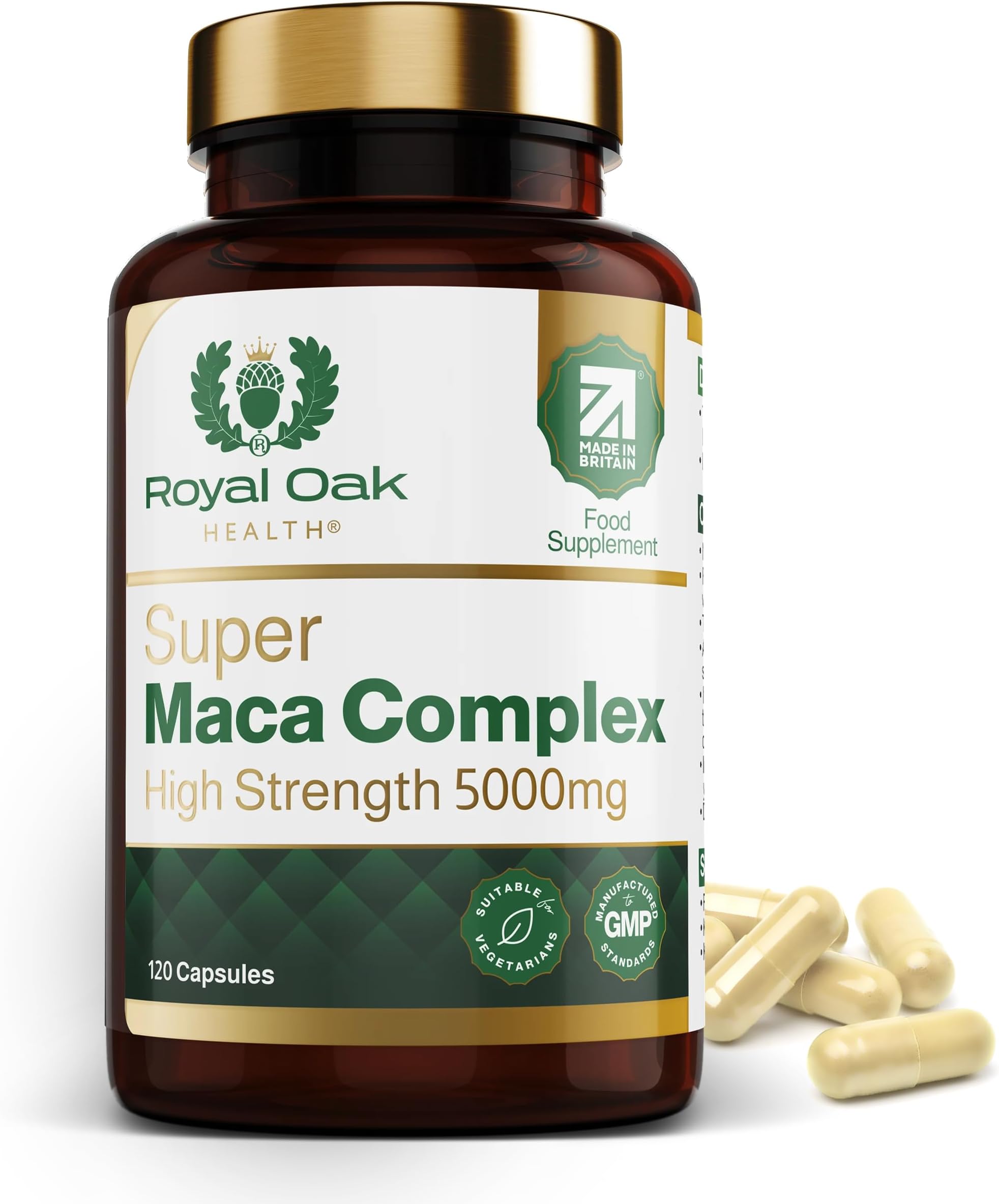 Super Maca Root Complex 5,000mg High Potency Black + Yellow Maca Extract with Panax Ginseng, L-Arginine & Black Pepper (120 Capsules / 4 Month Supply) Made in UK by Royal Oak Health