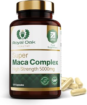 Super Maca Root Complex 5,000mg High Potency Black + Yellow Maca Extract with Panax Ginseng, L-Arginine & Black Pepper 120 Capsules / 4 Month Supply Made in UK by Royal Oak Health