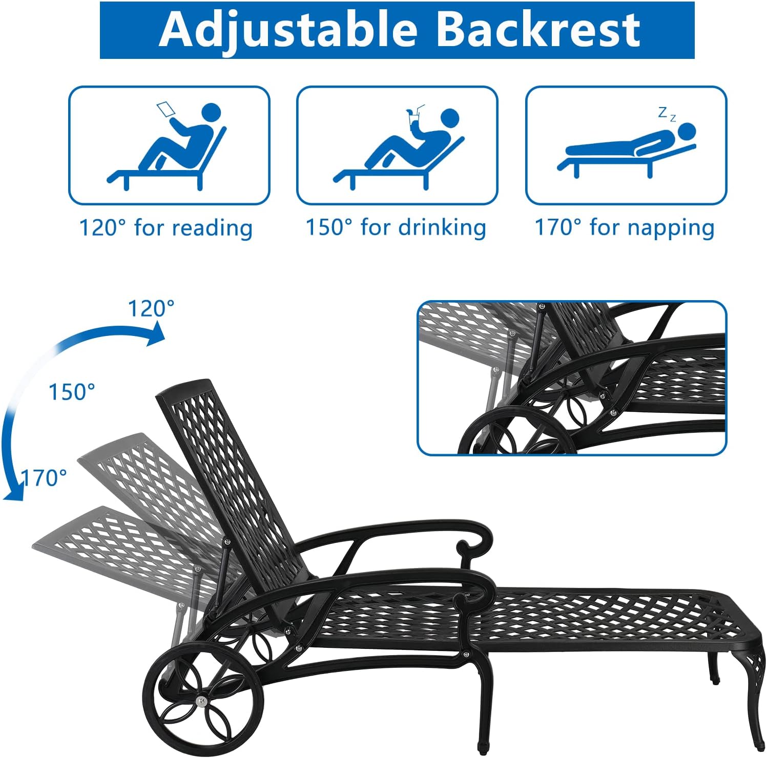 Black Cast Aluminum Adjustable Outdoor Chaise Lounge with Arms