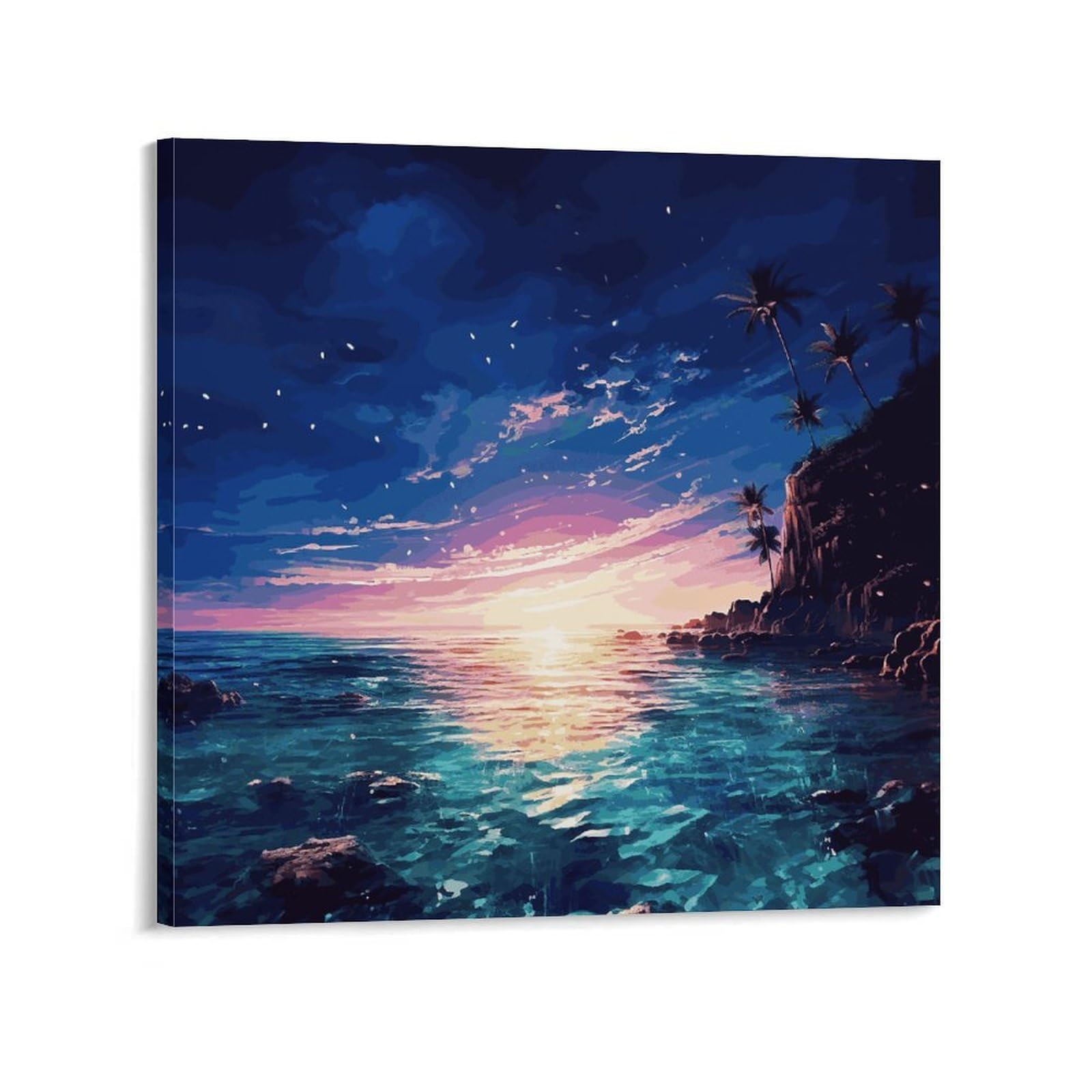 Night Ocean Canvas Wall Art for Bedroom 20x20inch(50x50cm) Canvas Prints Artwork for Walls Modern Picture Artwork Painting for Living Room Aesthetic Wall Paintings for Bathroom Kitchen Office Decor