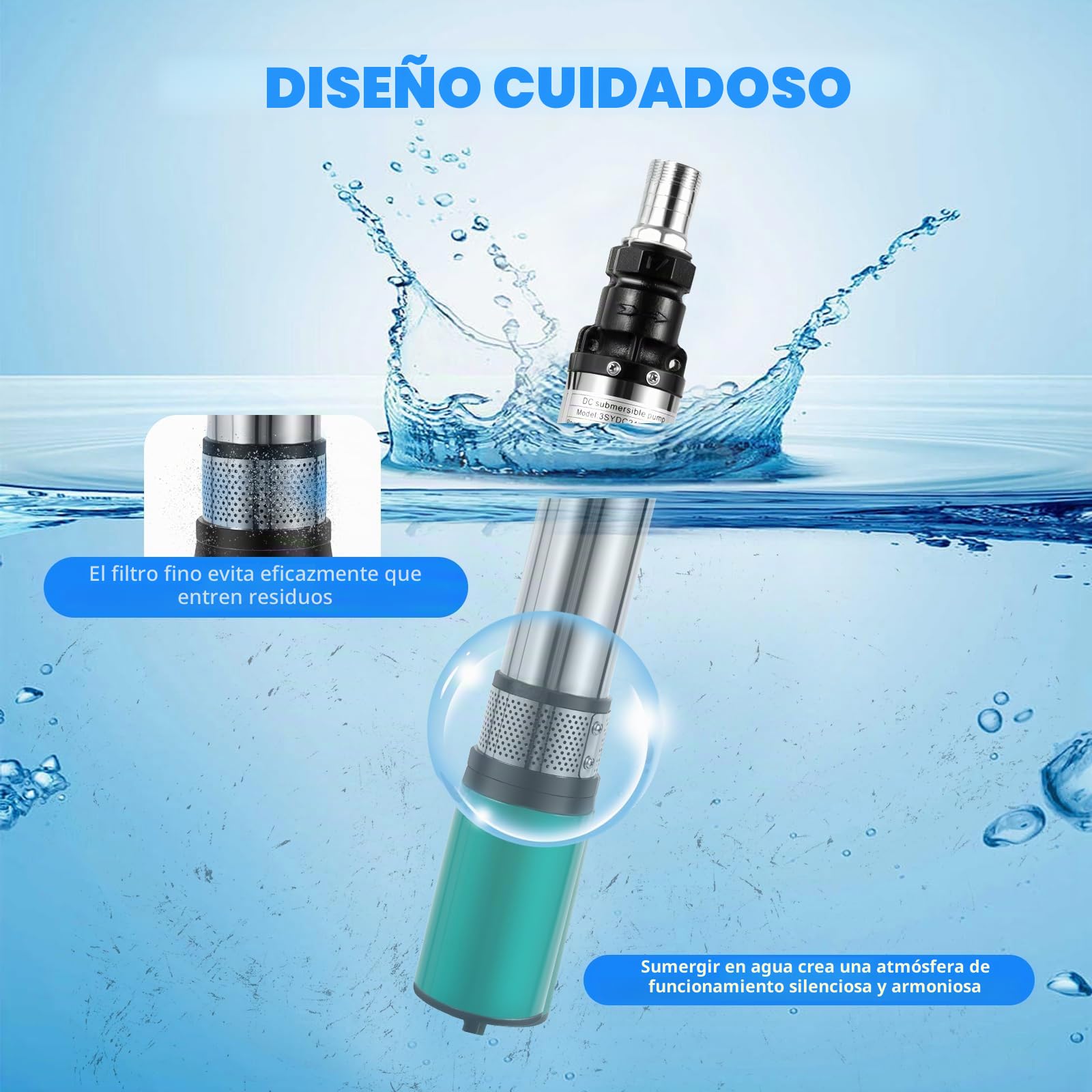 Bomba sumergible para pozos profundos, de acero inoxidable, 320 W, 3000 L/h, caudal de 25 m, IPX8, con filtro de suciedad y cable de conexión de 16 m, energía solar