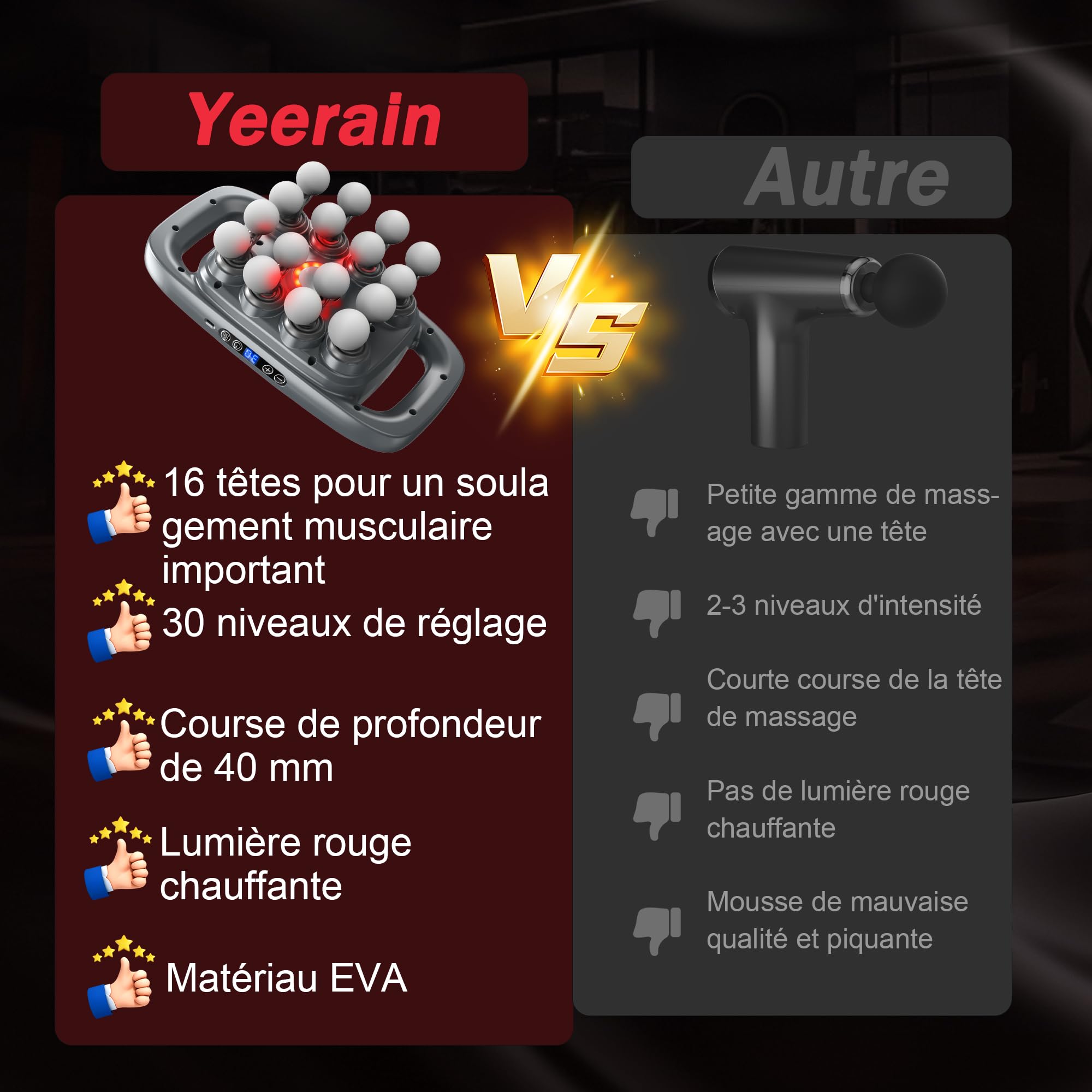 Pistolet de Massage à 16 Têtes, avec 3 Modes et 30 Vitesses Réglables, Masseur avec Lumière Rouge pour Soulager Les Tensions Musculaires et La Fatigue pour Le Dos, La Taille
