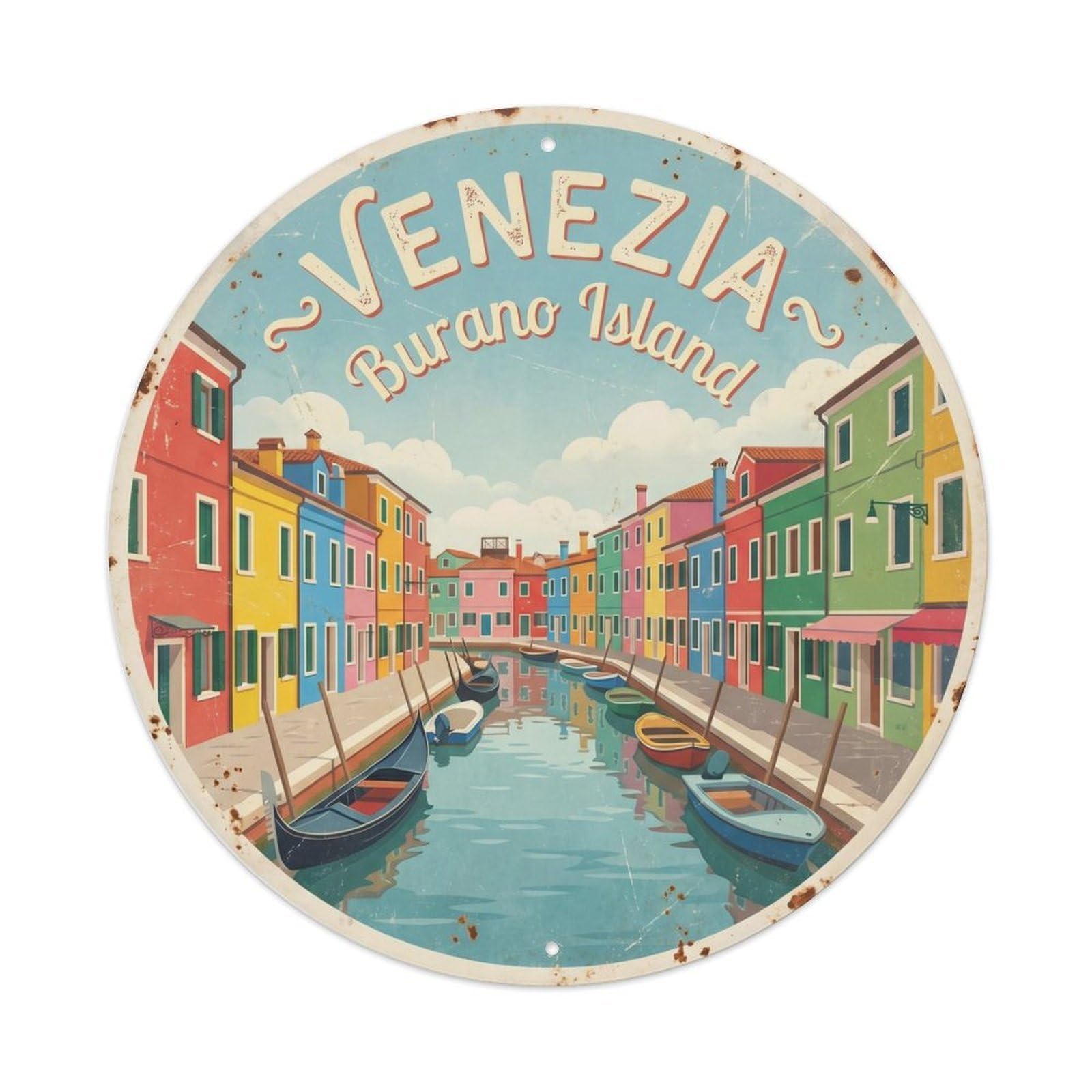 Vintage Travel Venice Burano Island Metal Tin Sign Plaque Wall Decor for Cafe, Club Bar, Office, Home Garden Round Metal Poster 8x8Inch