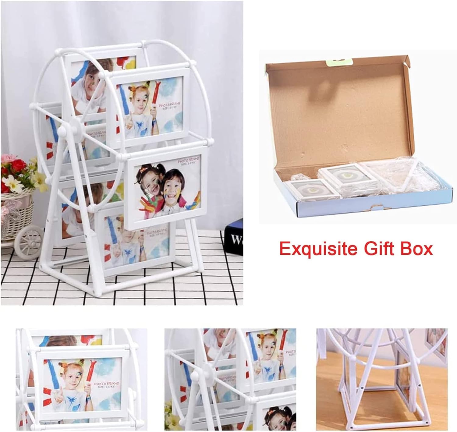 Rotatable Windmill Ferris Wheel Picture Frames, Tabletop Family Tree Photo Frames, 5" DIY Cute Multiple Carousel Photo Frames for Home Décor Christmas Birthday Gifts