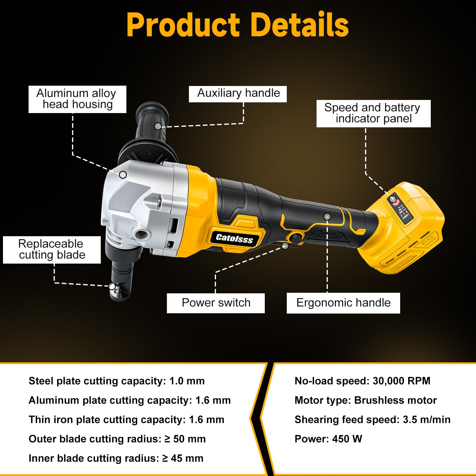 Knabber Blechknabber Kompatibel mit Dewalt 20V Akku,450W Kabellose Blechnibbler mit Bürstenlos Motor, 30000U/min,360° drehbarer Knabberkop Elektrische Blechschere für Edelstahl & Aluminium(ohne Akku)