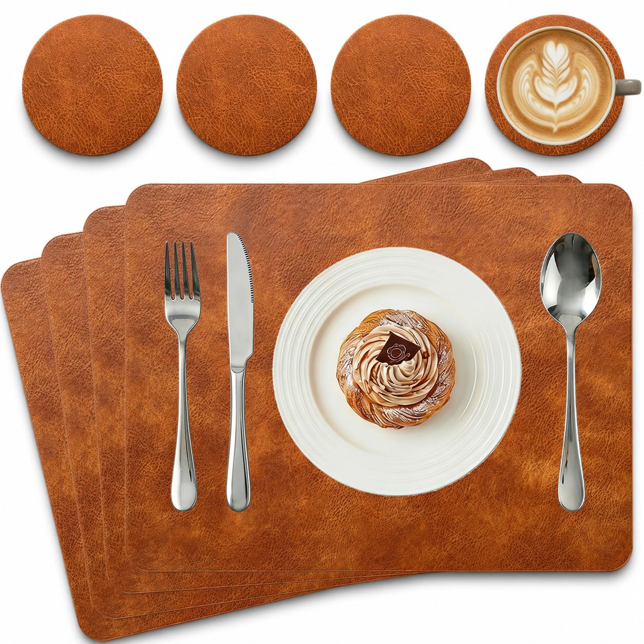 Suacculent Placemats and Coasters Set of 4, Double-Sided PU Faux Leather Table Mats, Heat Resistant Wipe Clean Non Slip Table Placemats for Dining Table and Kitchen, Brown Texture, 16.9 x 11.8 in