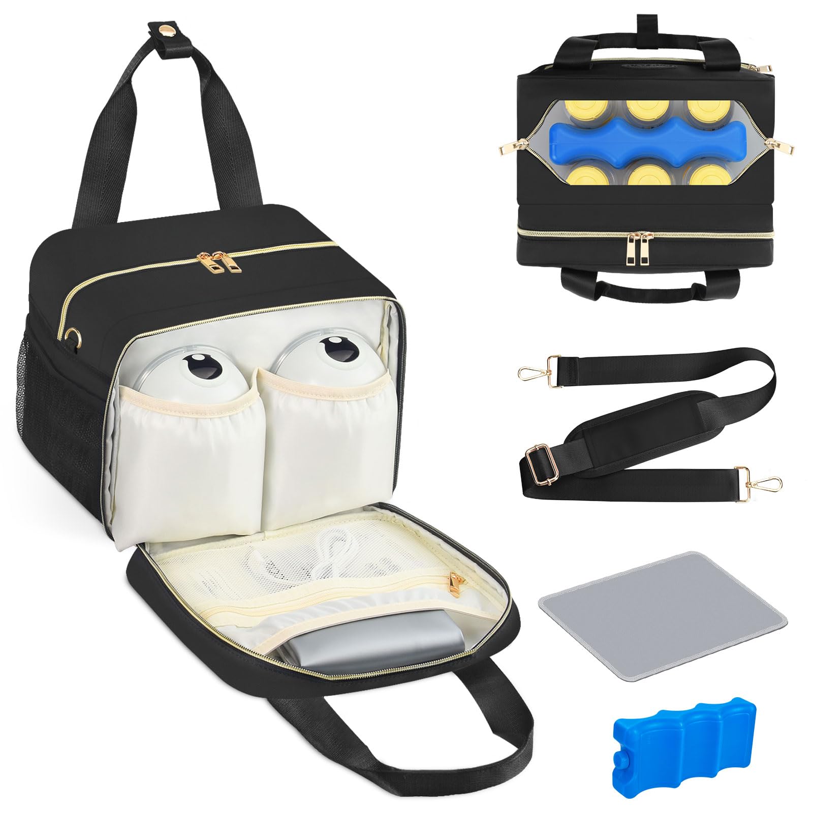 PIIOSER Breastmilk Cooler Bag with Ice Pack, Fits 6 Baby Bottles Up to 9 Ounce, Insulated Bottle Travel Bags with Shoulder Strap-Wearable Breast Pump