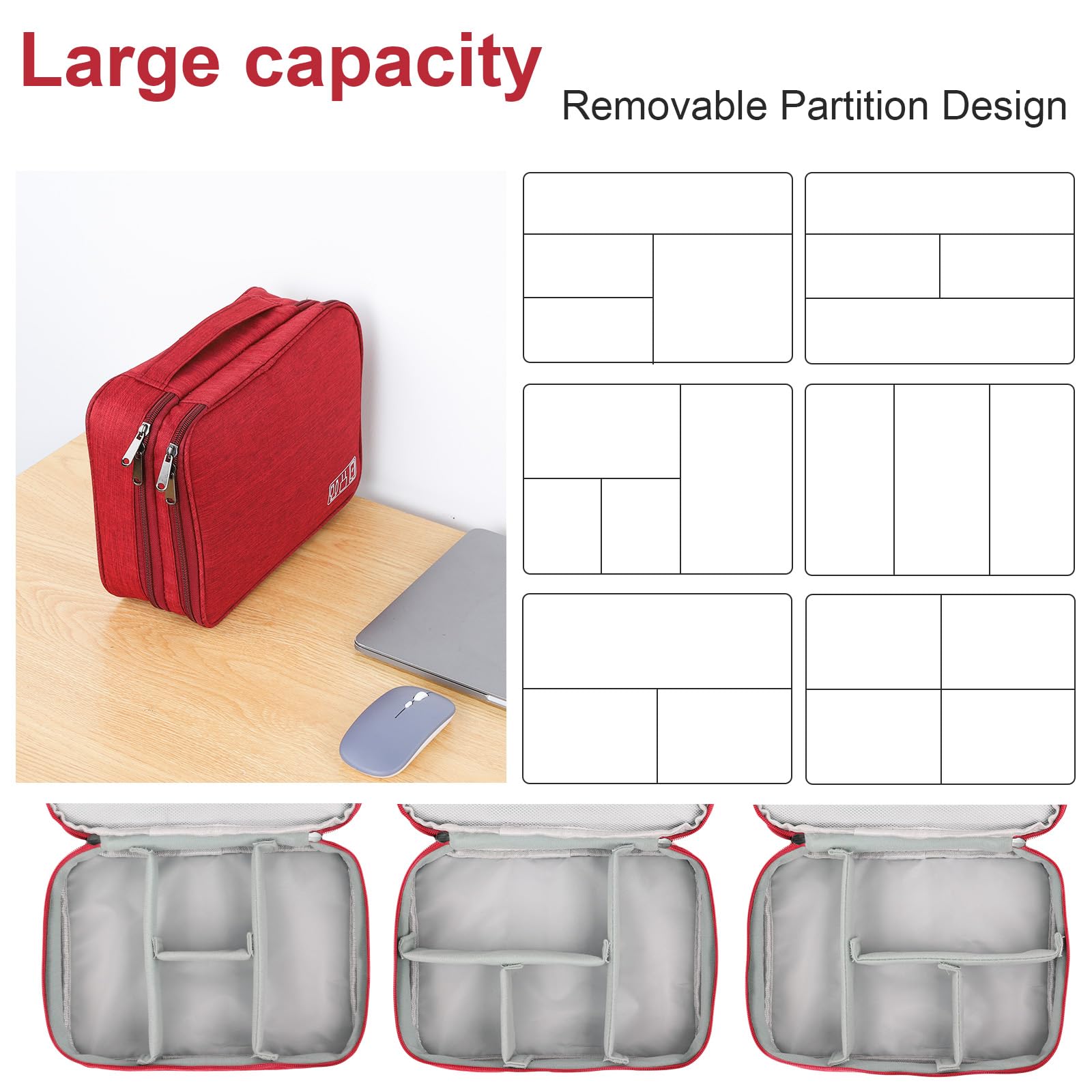 AiQInu Organizer Na Kable Torba Podróżna Wodoodporny Przenośny Organizator Na Kable Do Ładowarki, Pamięci USB, Słuchawek, Powerbanku, Dysku Twardego, Karty SD, Czerwone WinO - 3 Warstwy