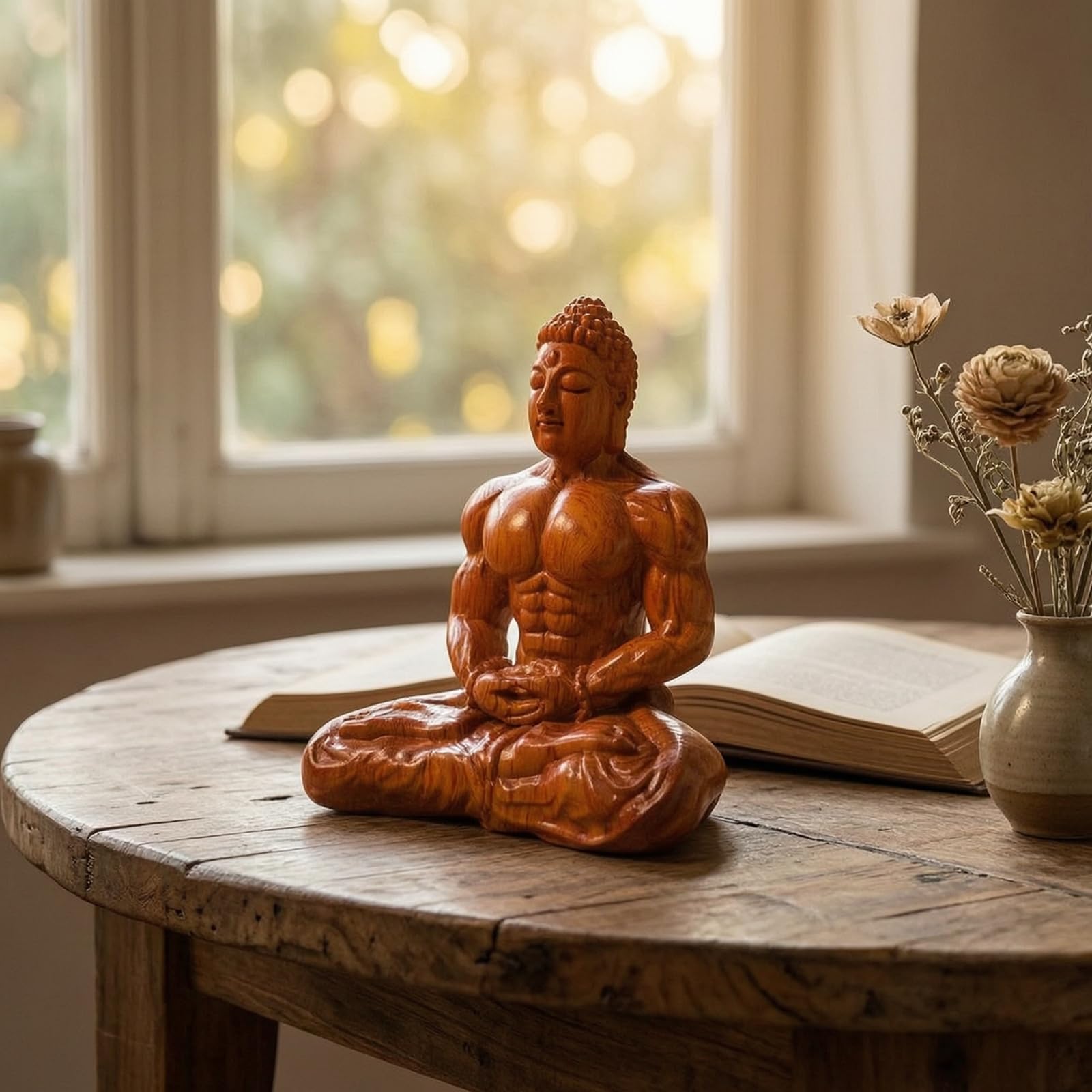 Perfeclan Estatua Buda de Madera Figura Escultura Talla Artística de Buda en Madera Maciza con Detalle Artesanal Adecuada para Escritorio de Oficina Estanterías, 14-12-7.5cm, Ebony