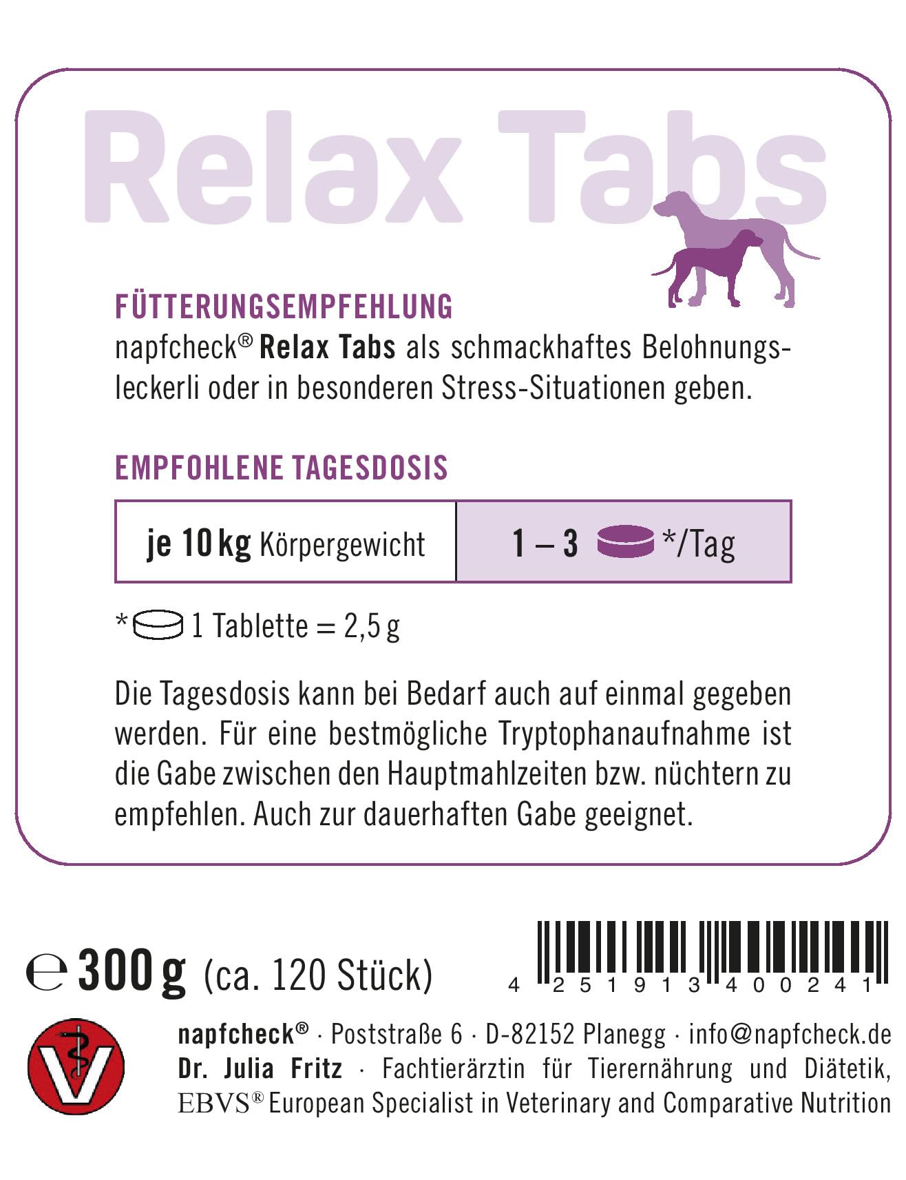 napfcheck Relax Tabs – funktionaler Beruhigungssnack für Hunde mit L-Tryptophan - 120 Stück - 300 g