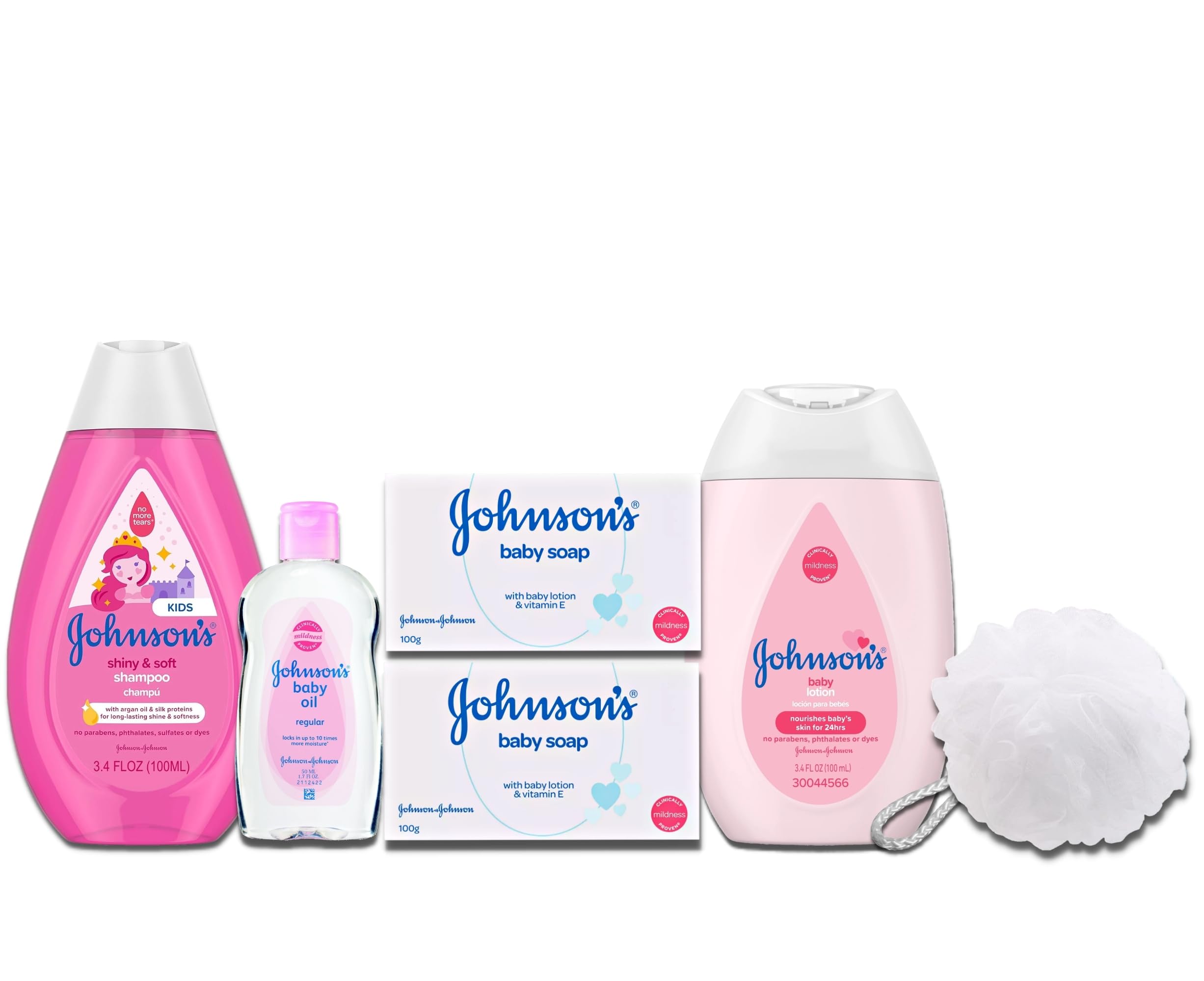Johnsons Baby Gift Basket Girls Bundle with Baby Bath Sponge, Relaxing Aromas, Baby Oil, Bath Shampoo, Lotion, Hypoallergenic & Paraben-Free, 5 Items in Bundle (Shiny & Soft) Pink