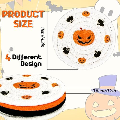 Miniatura 2 de Whaline Paquete de 4 posavasos trenzados hechos a mano para Halloween, calabazas, sombreros de bruja, sombreros de bruja de algodón absorbentes