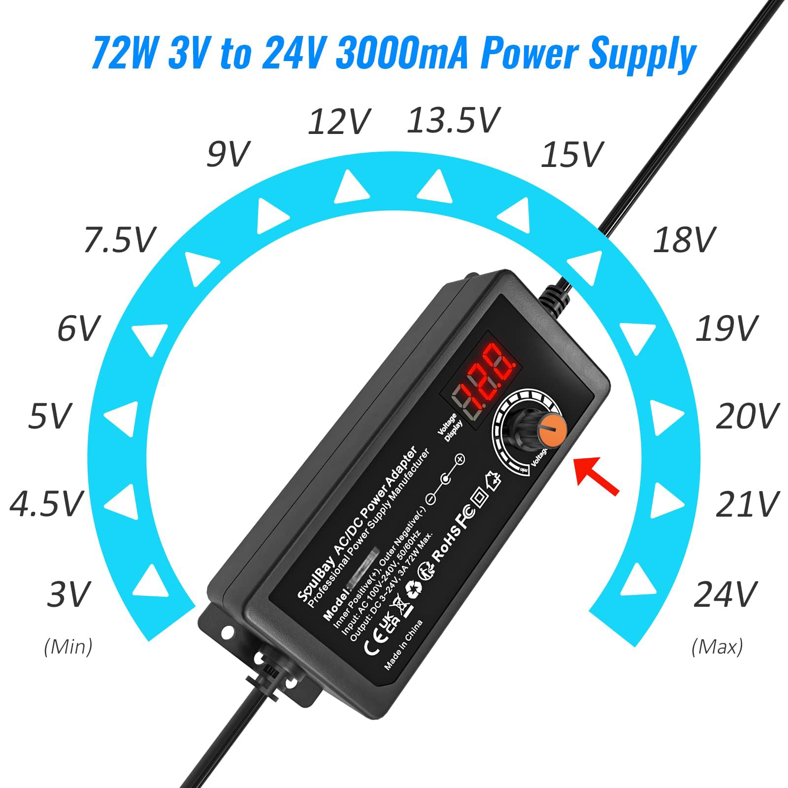SoulBay 24V Chargeur Universelle, 72W AC/DC Adaptateur Alimentation Transformateur avec 14 Embouts DC et Câble de Polarité Inversée pour Caméra électronique Domestique – 3000 mA Max.