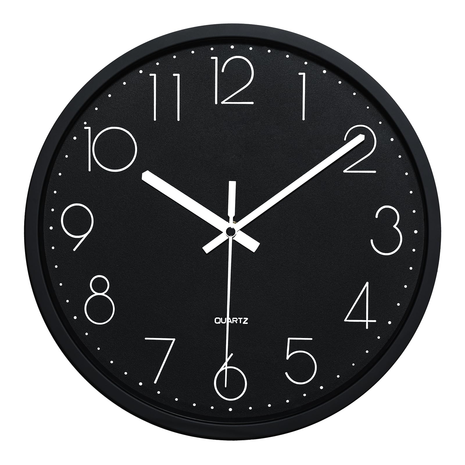 PlumeetWall Clock, 12'' Bedroom Wall Clocks Battery Operated, Silent Quartz Clock Decorate Kitchen Living Room, 3D Numbers Display Easy to Read, Black