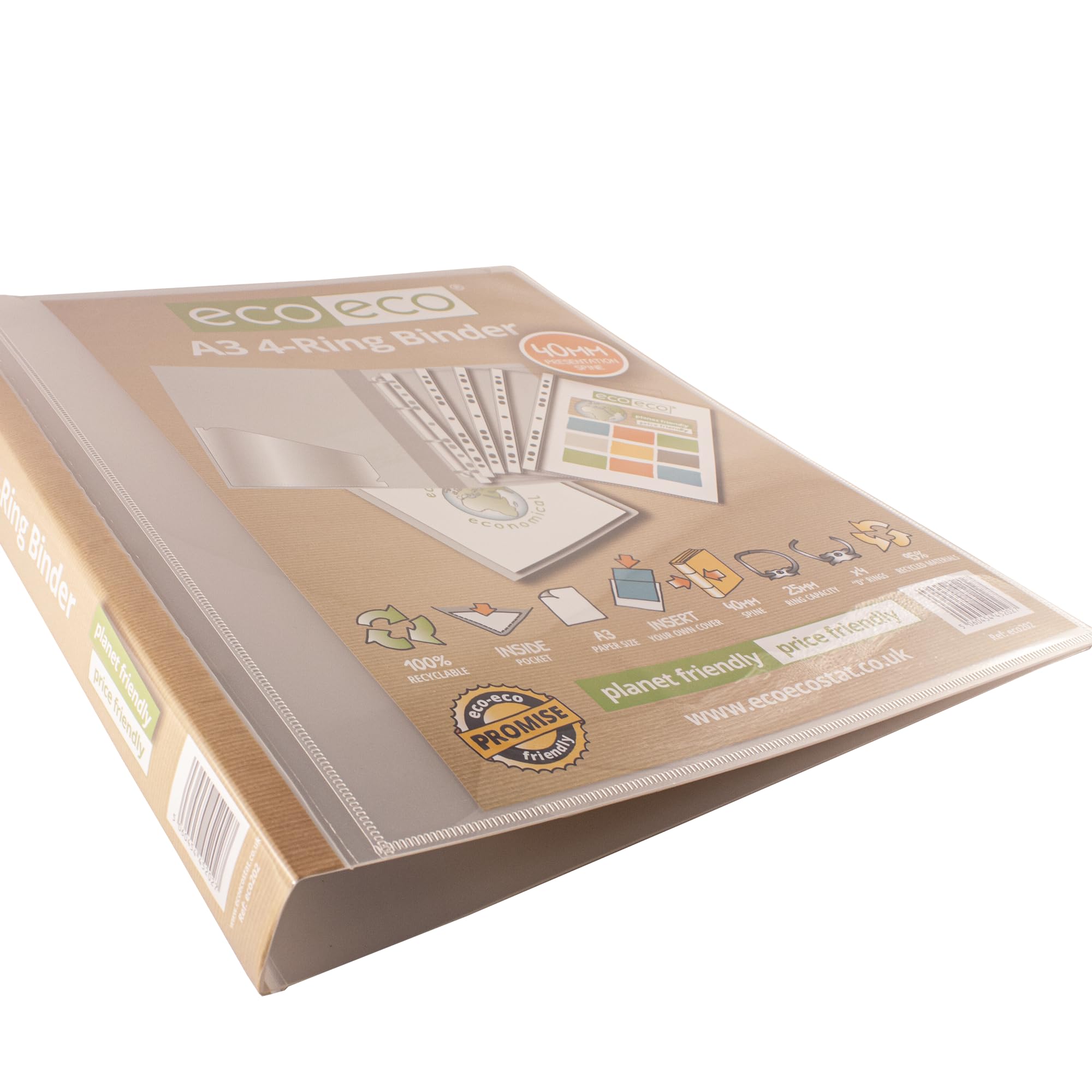 eco-eco Eco202x6 - Raccoglitore ad anelli per presentazioni, formato A3, 95% riciclato, 4-D, dorso da 40 mm, confezione da 6 cartelle