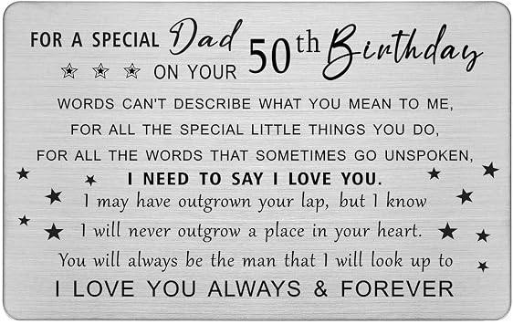 DEGASKEN Dad 50th Birthday Card - Happy 50 Year Old Bday Gifts for Dad - Personalized Steel Engraved Wallet Card