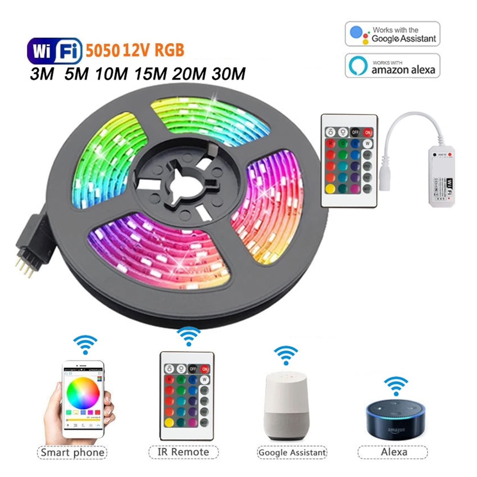 Bande lumineuse LED RGB5050 - Ruban flexible à diode LED pour décoration de chambre, rétroéclairage TV, maison (BT 24 touches, 40 m)